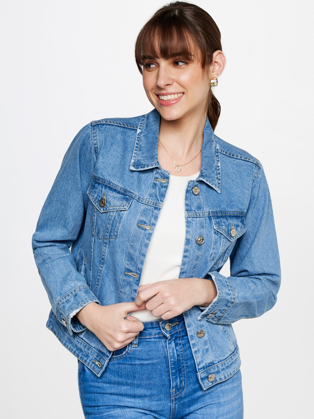 

AND Washed Denim Jacket With Patchwork, Blue