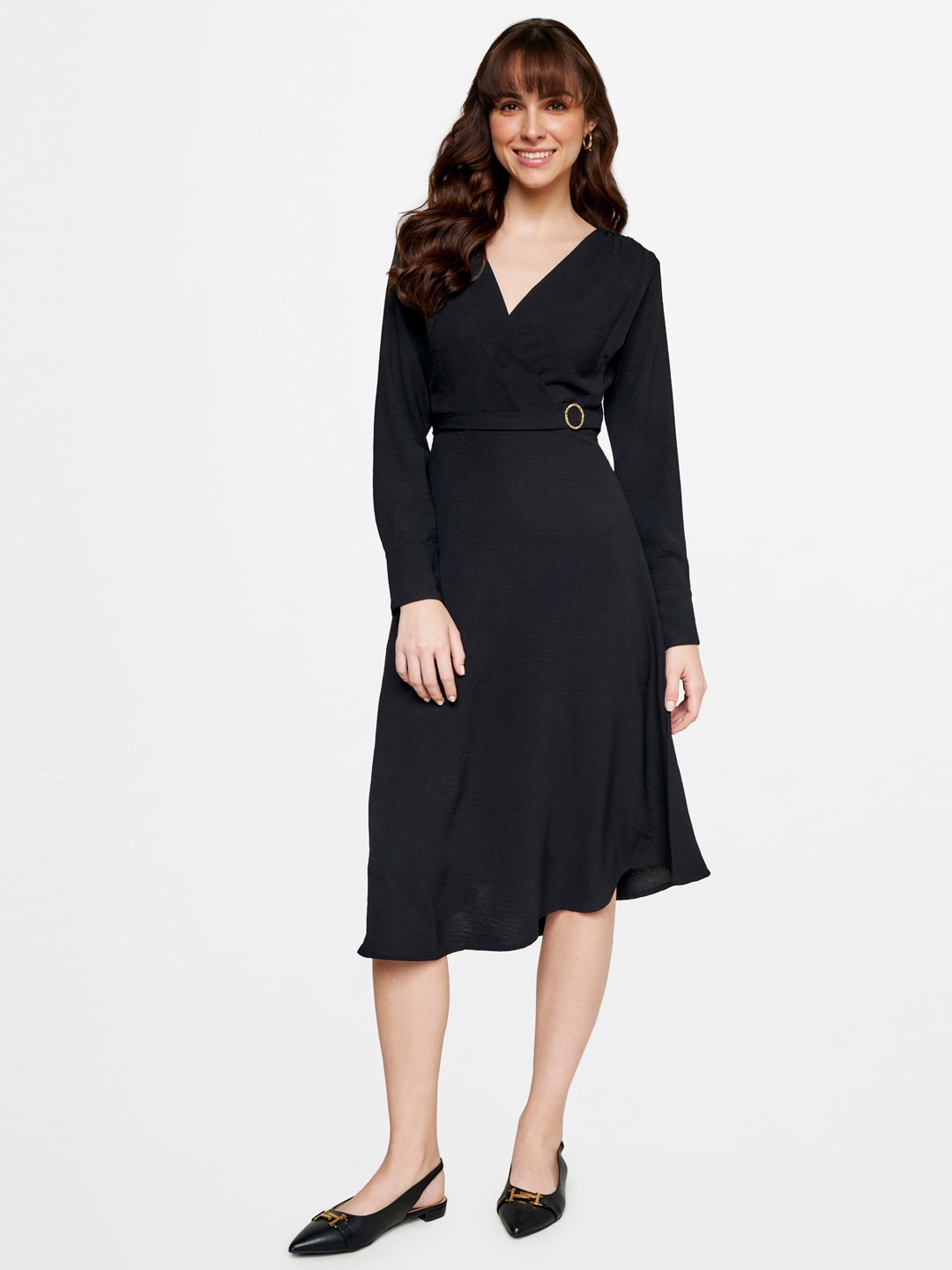

AND V-Neck Fit & Flare Midi Dress, Black