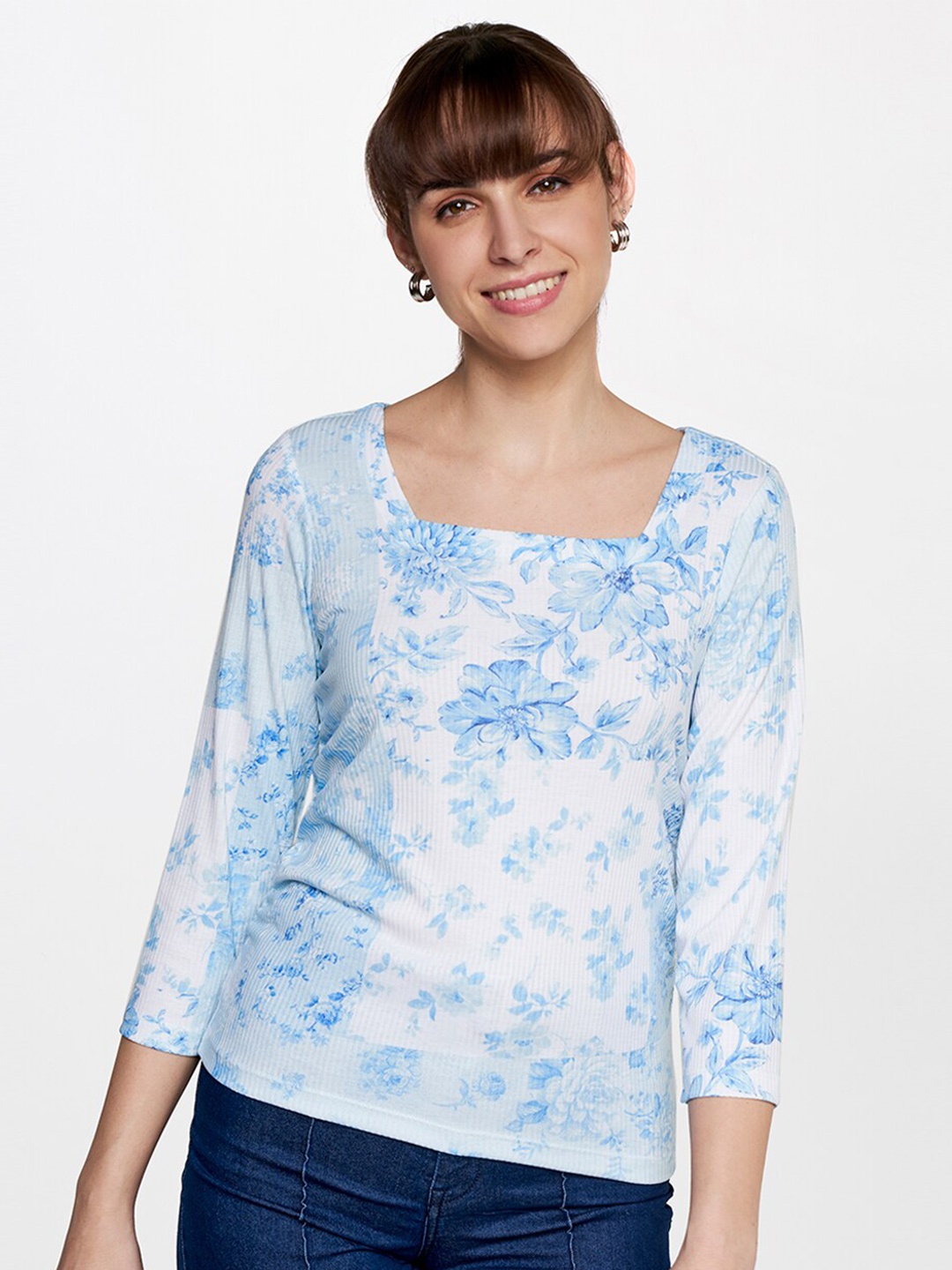 

AND Floral Print Square Neck Top, White