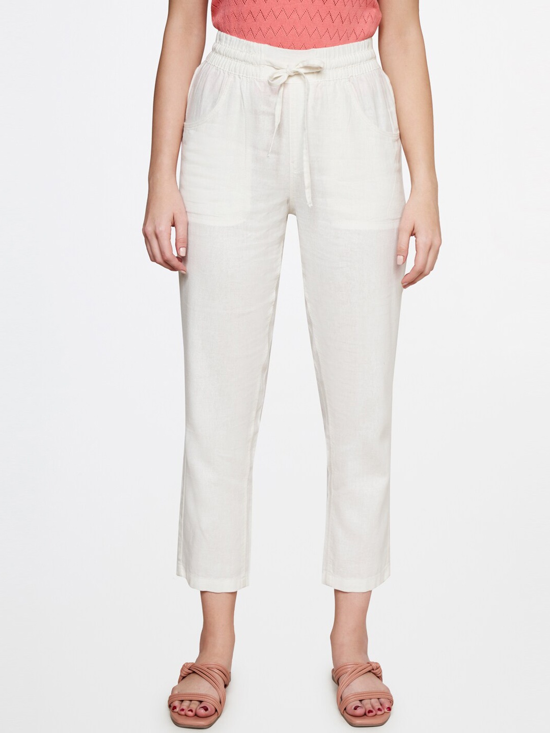 

AND Women Mid-Rise Tapered Fit Cigarette Trousers, Off white