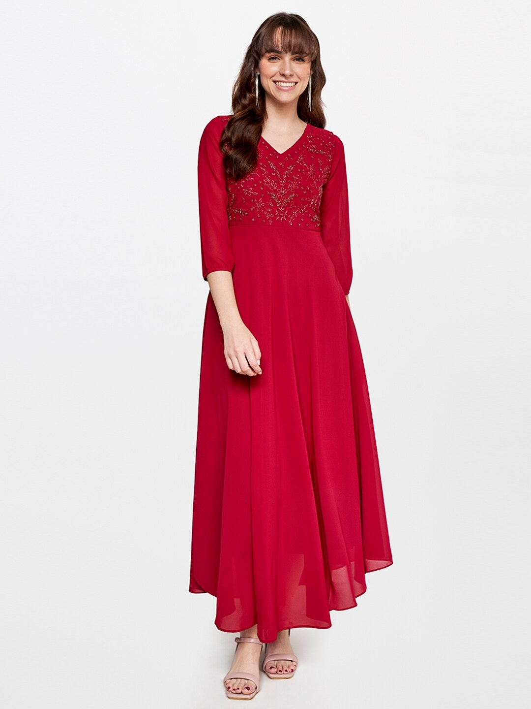 

AND Floral Embroidered Asymmetric Fit & Flare Maxi Dress, Red