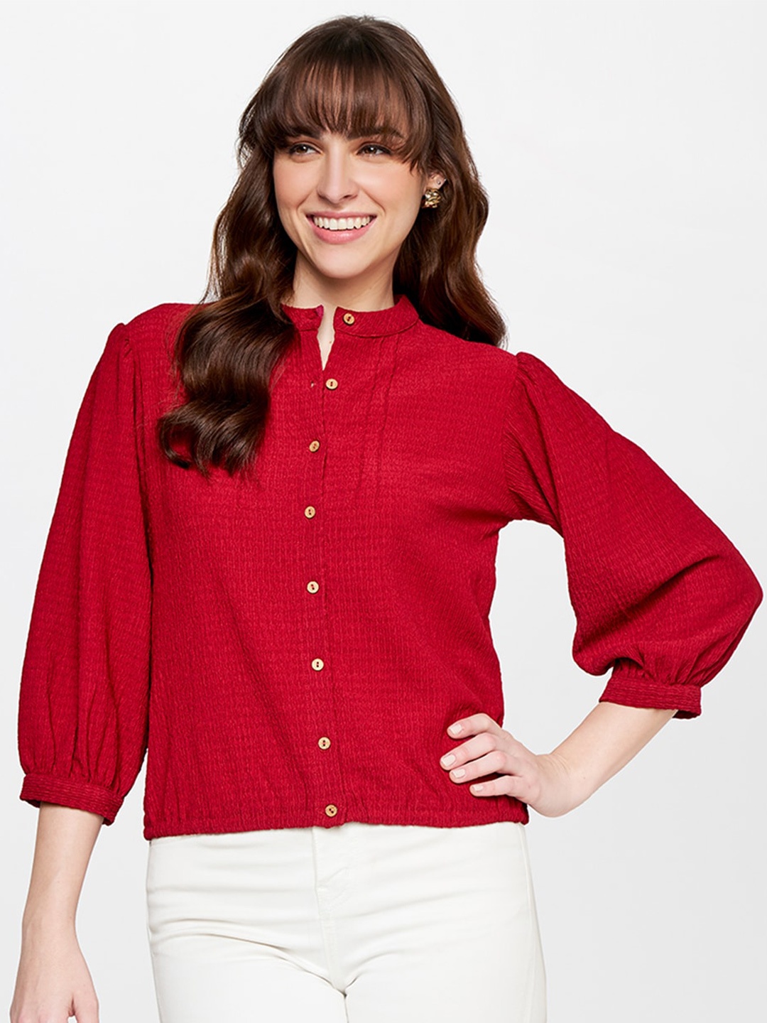 

AND Maroon Self Design Mandarin Collar Puff Sleeves Shirt Style Top