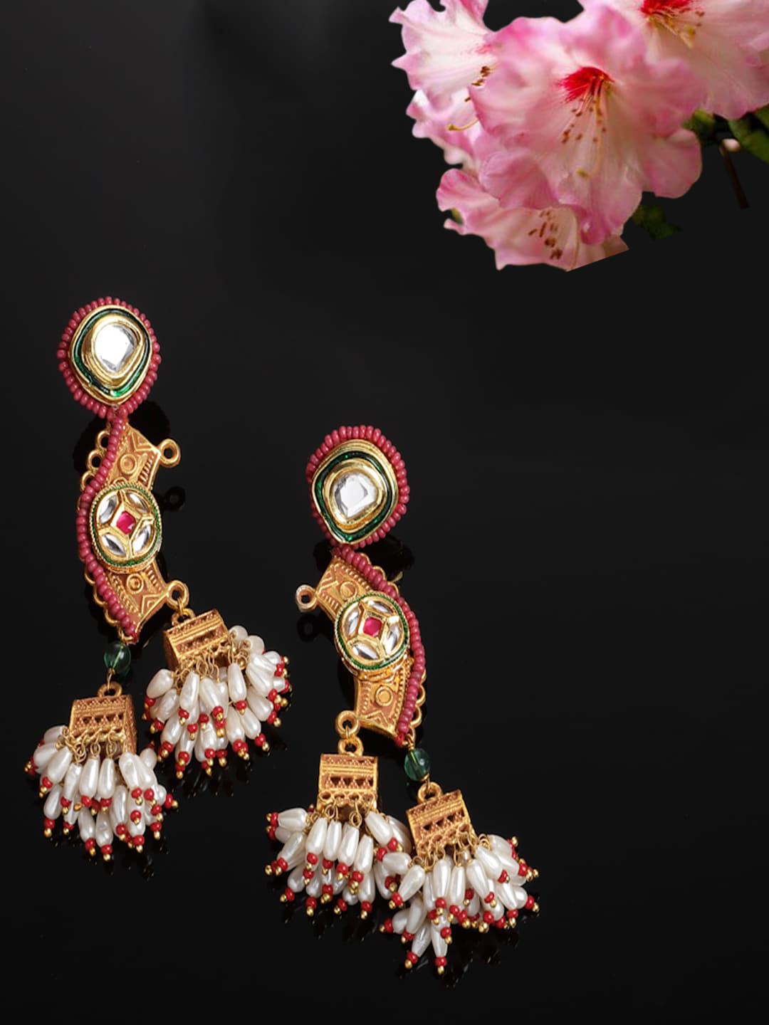 

DUGRISTYLE Gold-Plated Classic Kundan Studded Drop Earrings