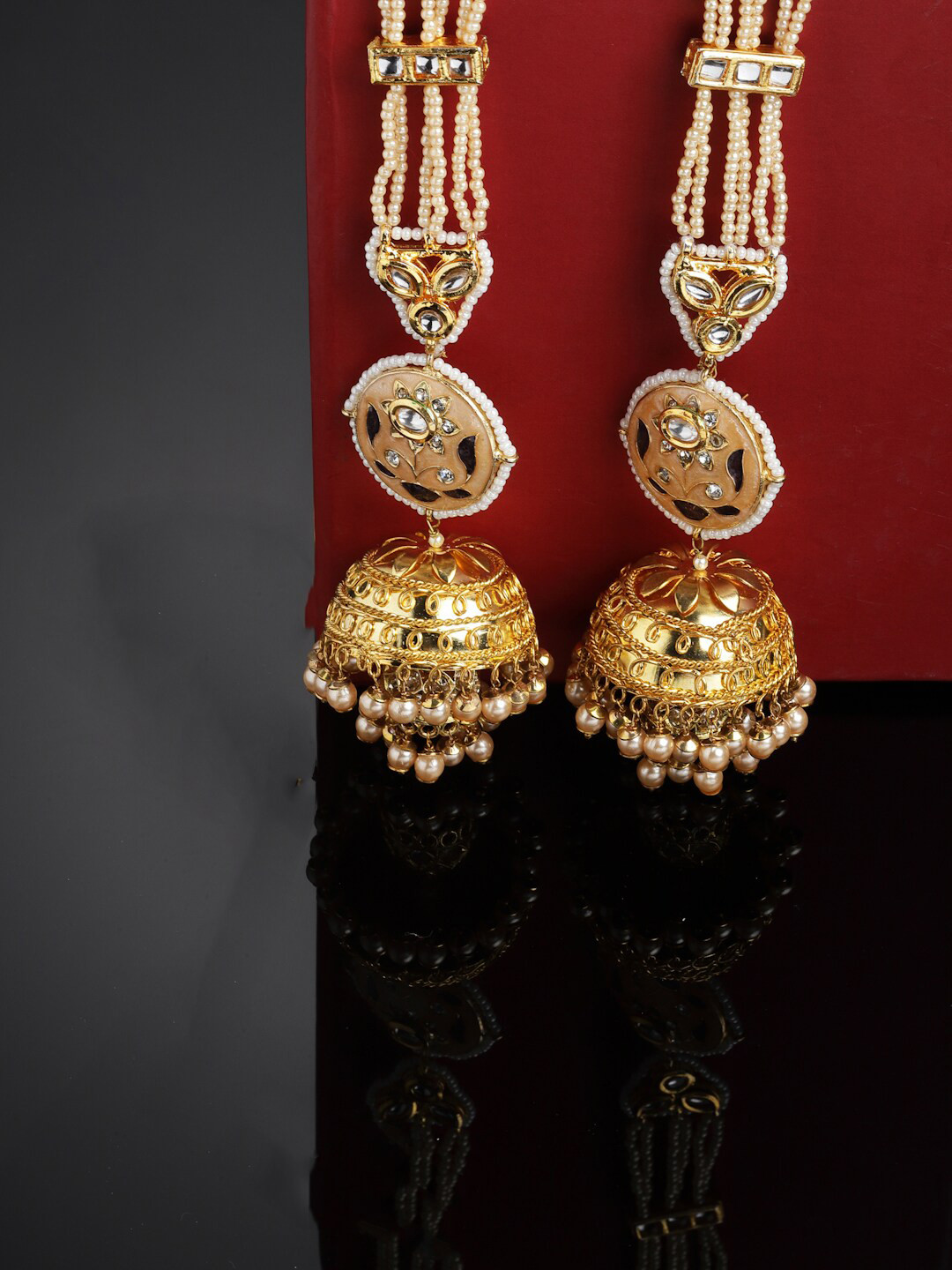 

DUGRISTYLE Gold Plated Classic Kundan Drop Earrings, Peach