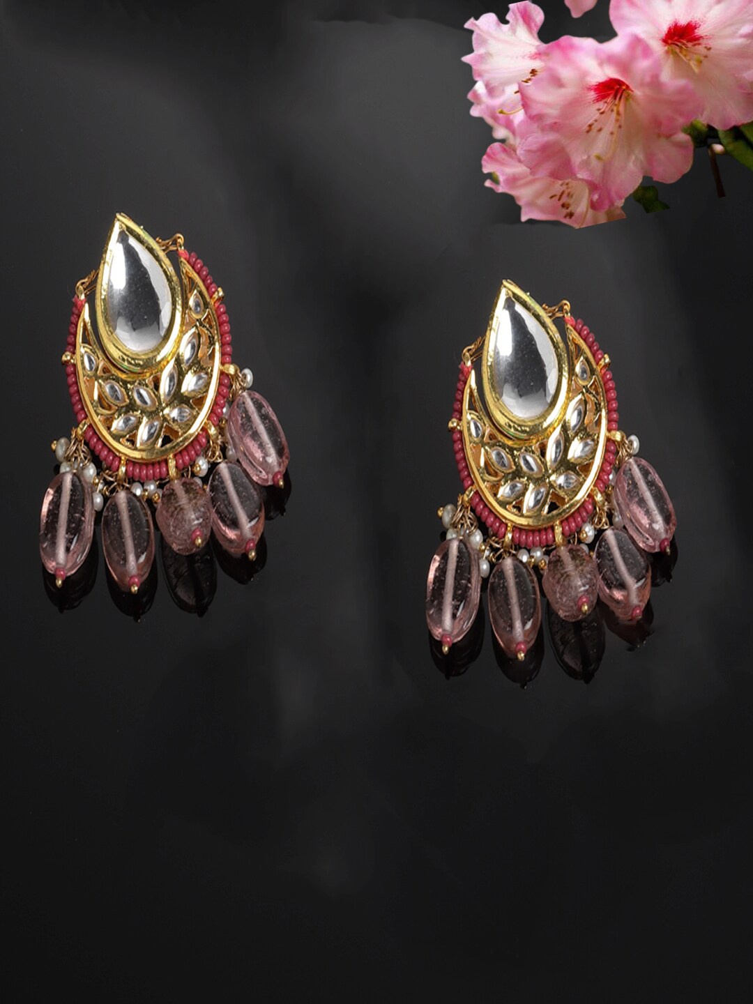 

DUGRISTYLE Kundan Studded Gold-Plated Classic Drop Studs, Pink