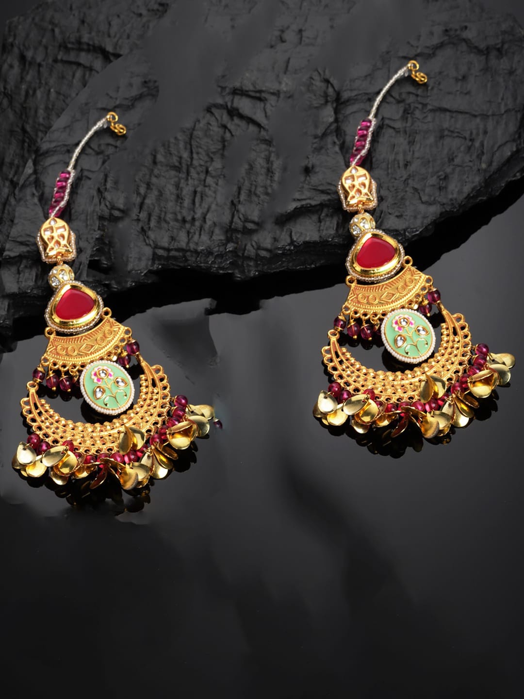 

DUGRISTYLE Gold-Plated Kundan Classic Drop Earrings, Maroon