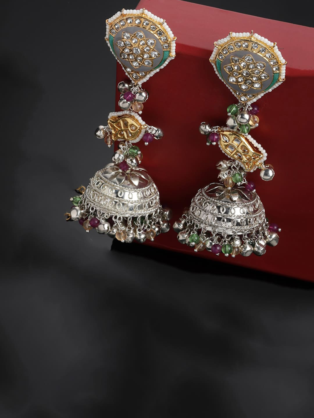 

DUGRISTYLE Silver-Plated Kundan & American Diamonds Studded Dome Shaped Jhumkas, Green