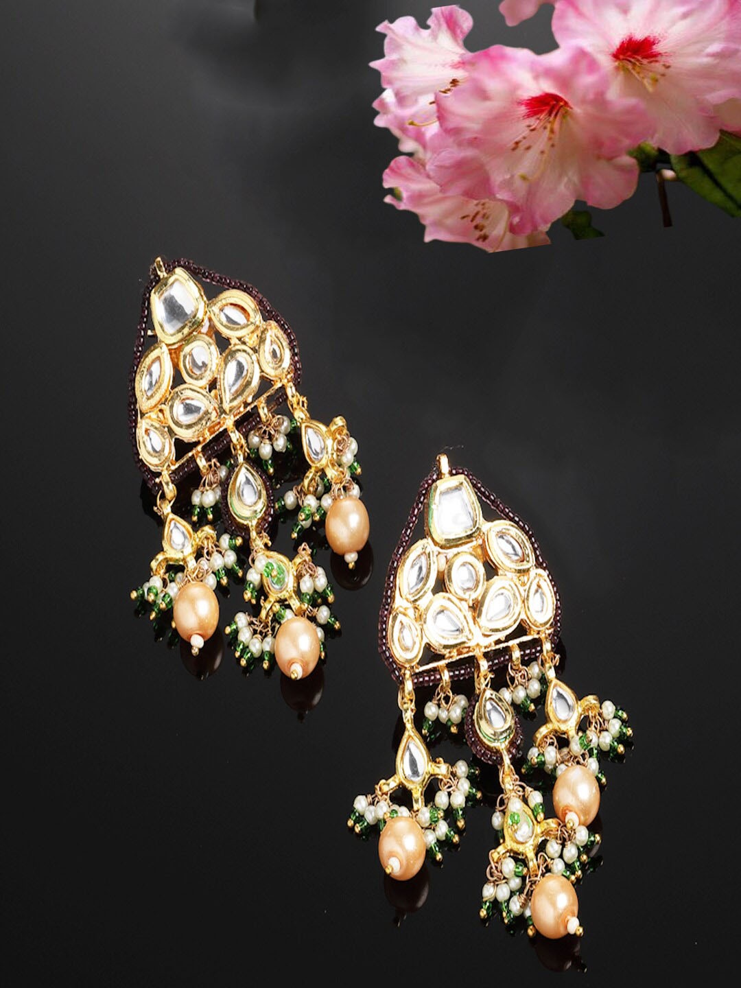 

DUGRISTYLE Gold-Plated Kundan & Pearls Studded Drop Earrings, Purple