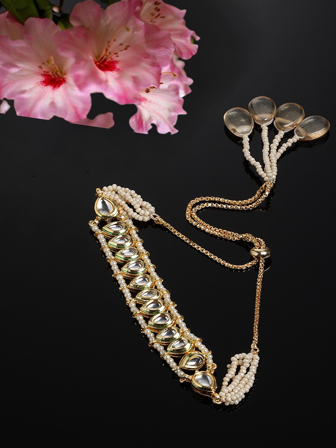 

DUGRISTYLE Gold-Plated Kundan Studded & Beaded Multistrand Bracelet, White