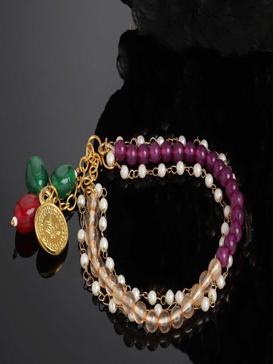 

DUGRISTYLE Women Pearls Gold-Plated Multistrand Bracelet, Peach