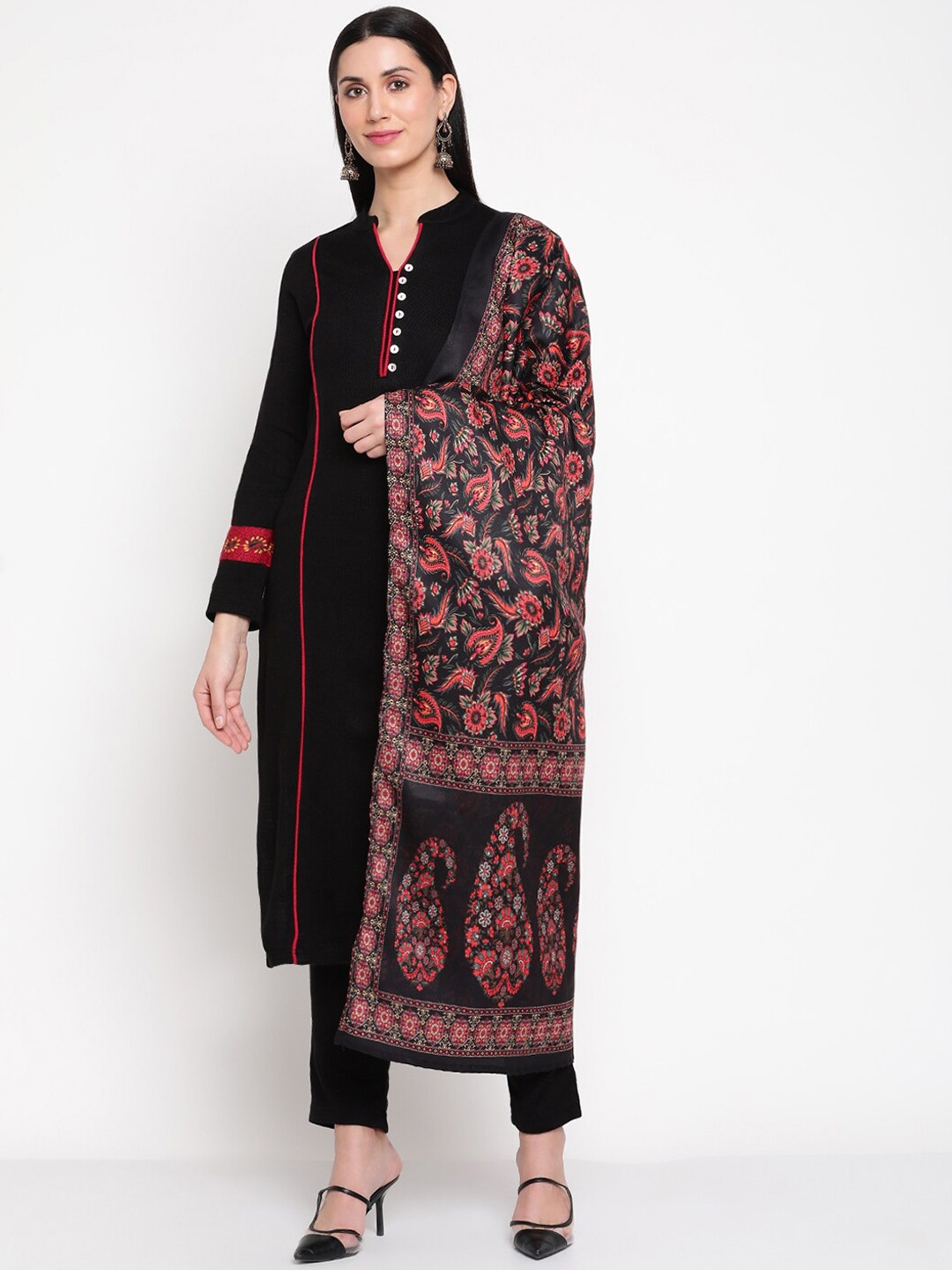 

Be Indi Women Ethnic Motifs Winter Kurta Set with Trouser & Dupatta, Black