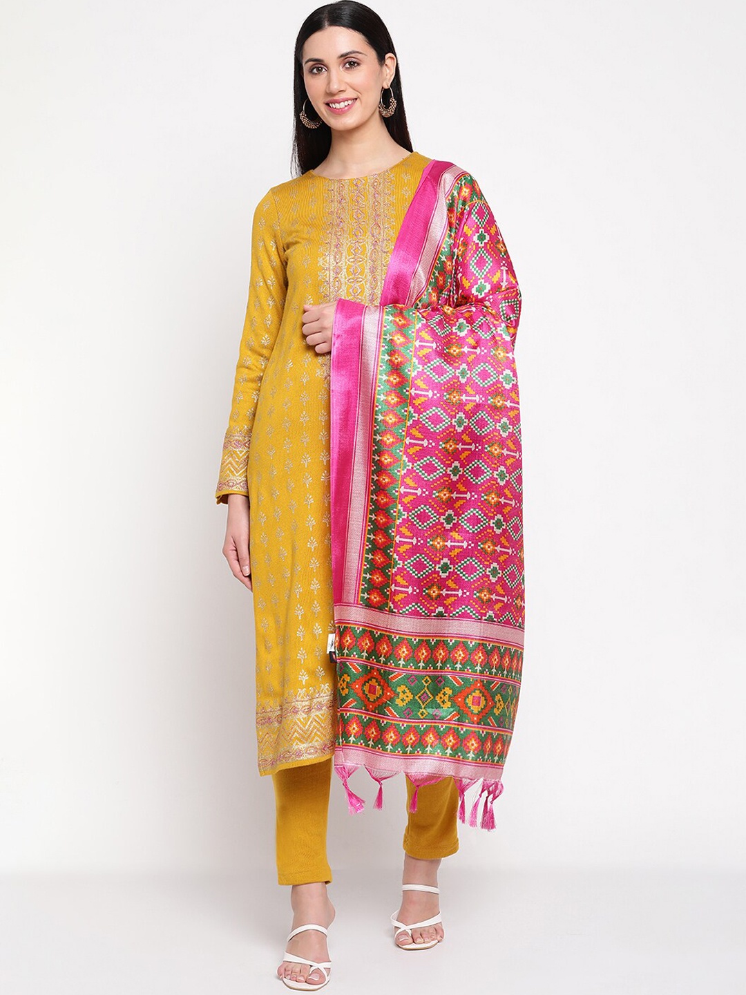 

Be Indi Women Floral Printed Winter Kurta with Trouser & Dupatta Set, Mustard