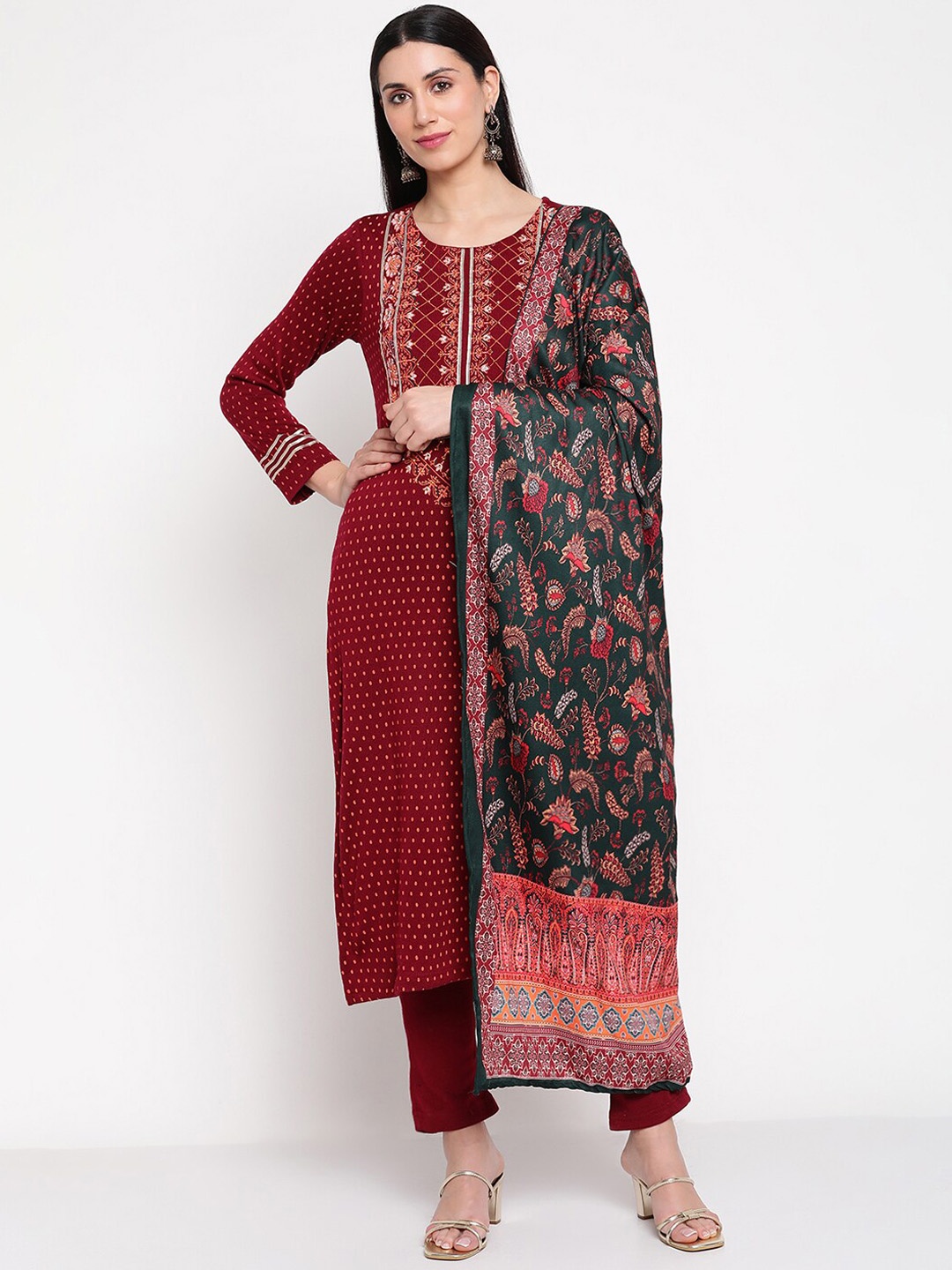 

Be Indi Women Floral Printed Winter Kurta Set with Trouser & Dupatta, Maroon