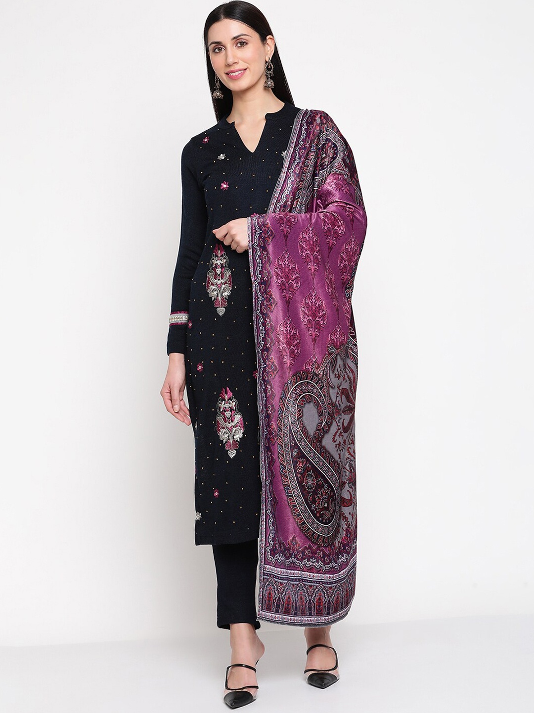 

Be Indi Women Ethnic Motifs Embroidered Winter Kurta with Trouser & Dupatta Set, Navy blue
