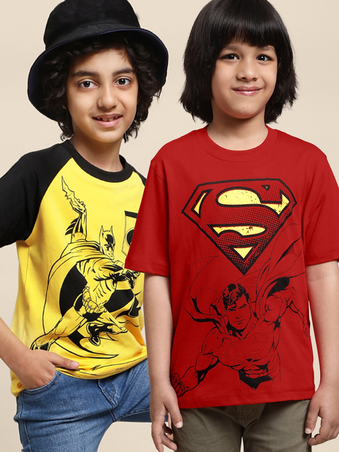 

Kids Ville Boys Pack Of 2 Batman & Superman Printed Cotton T-Shirts, Red