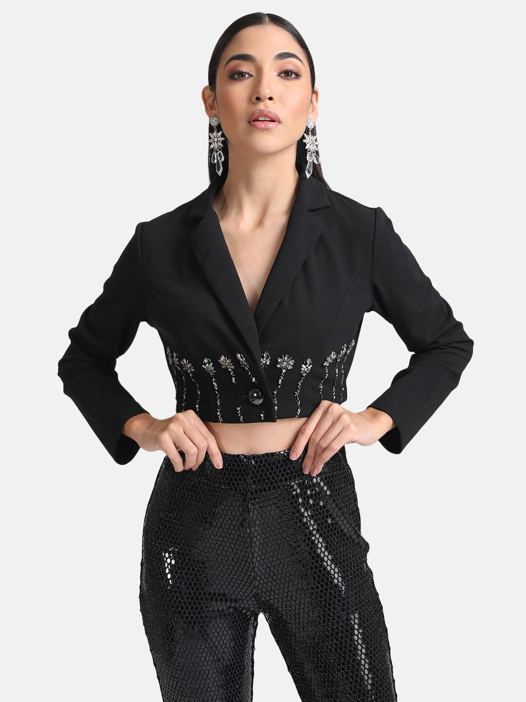 

Kazo Women Studded Tailored Crop Jacket, Black