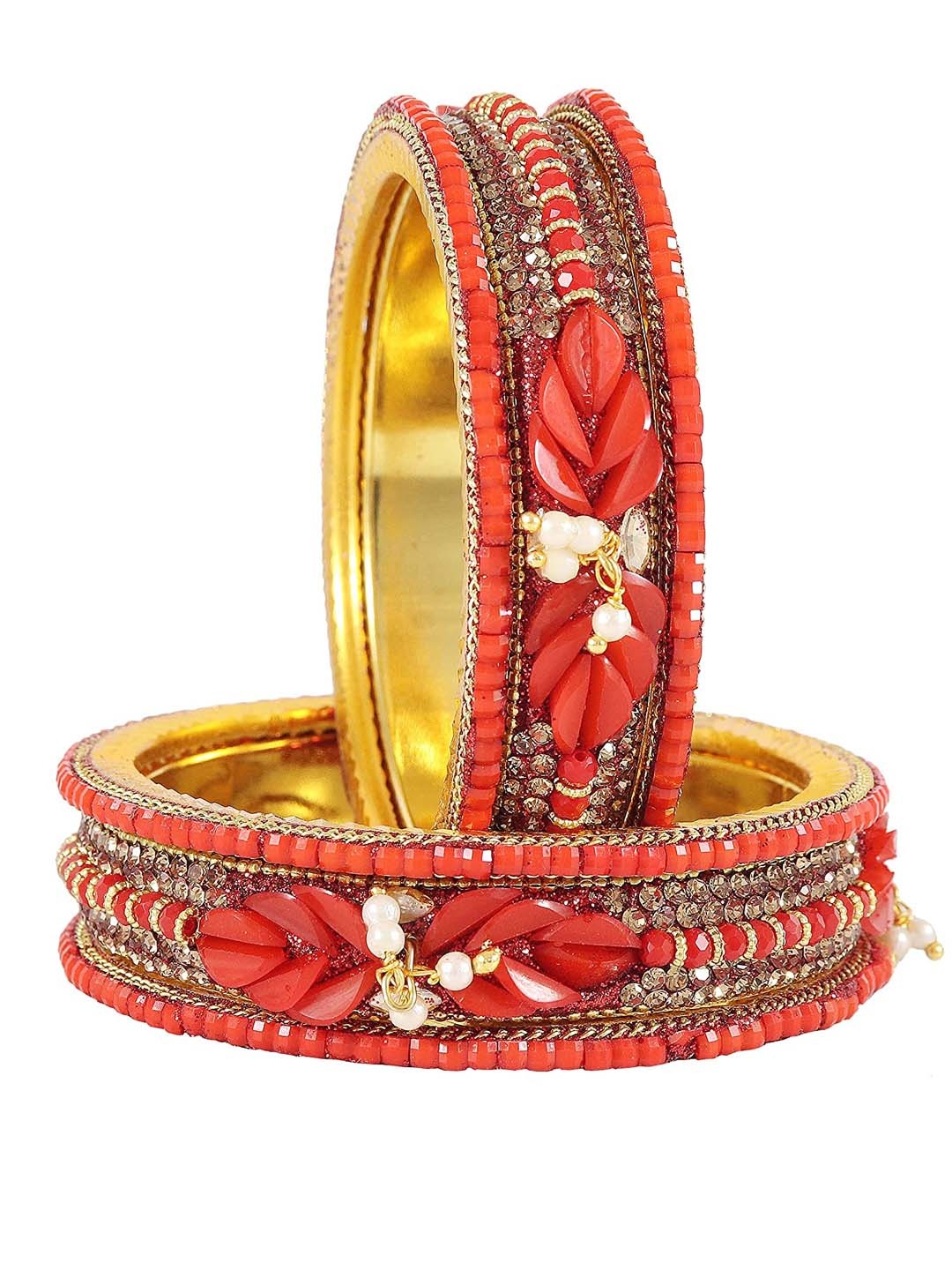 

NMII Set Of 2 Metal With Zircon and Glitter Pattern Glossy Kada Bangles, Red
