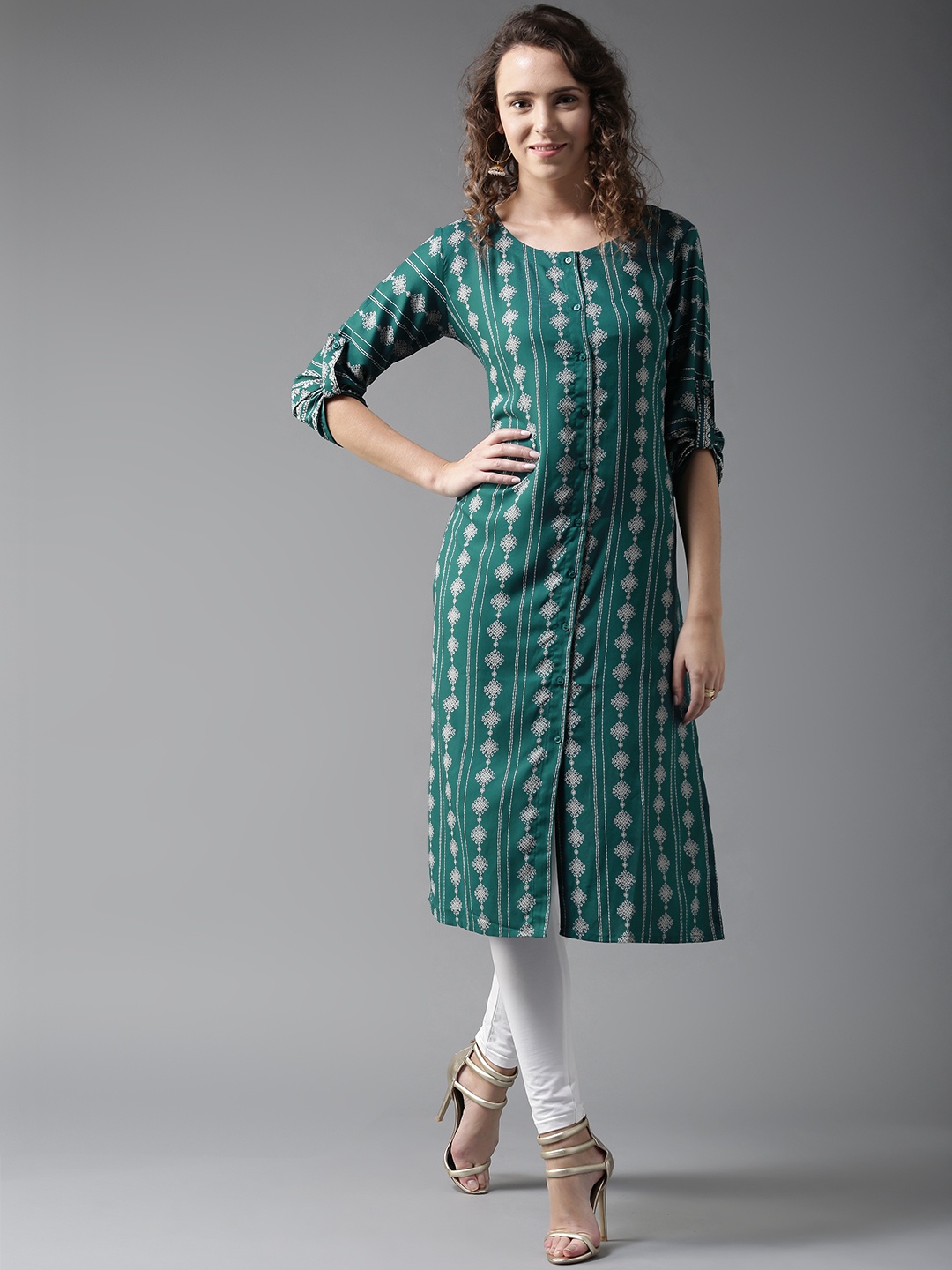 

HERE&NOW Women Teal Green & White Printed Straight Kurta