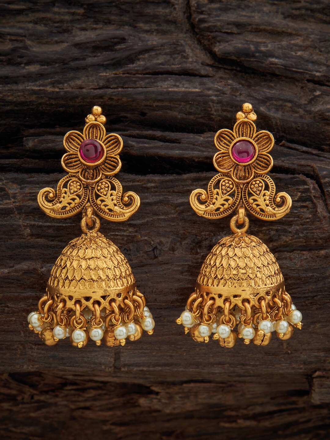 

Kushal's Fashion Jewellery Gold-Plated Dome Shaped Antique Jhumkas, Red