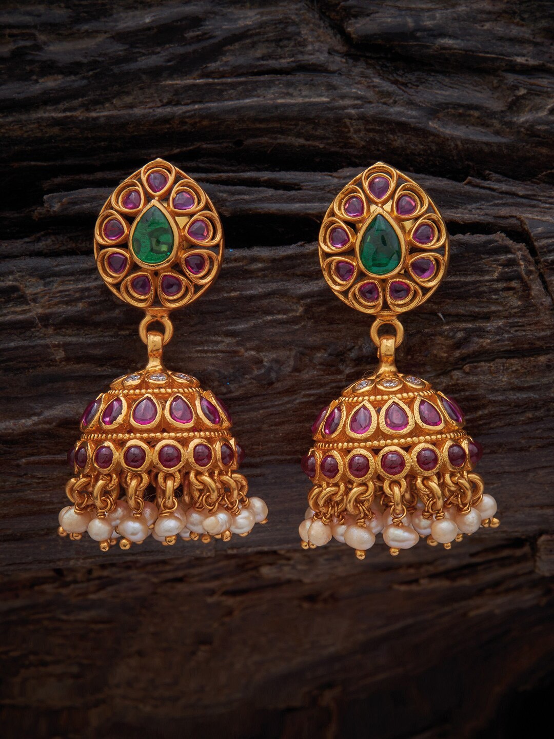 

Kushal's Fashion Jewellery Pure Silver Gold Plated Contemporary Jhumkas, Red