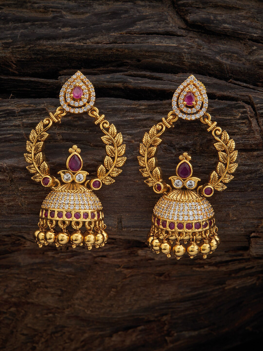 

Kushal's Fashion Jewellery Gold-Plated CZ-Studded Antique Contemporary Jhumkas Earrings, Pink