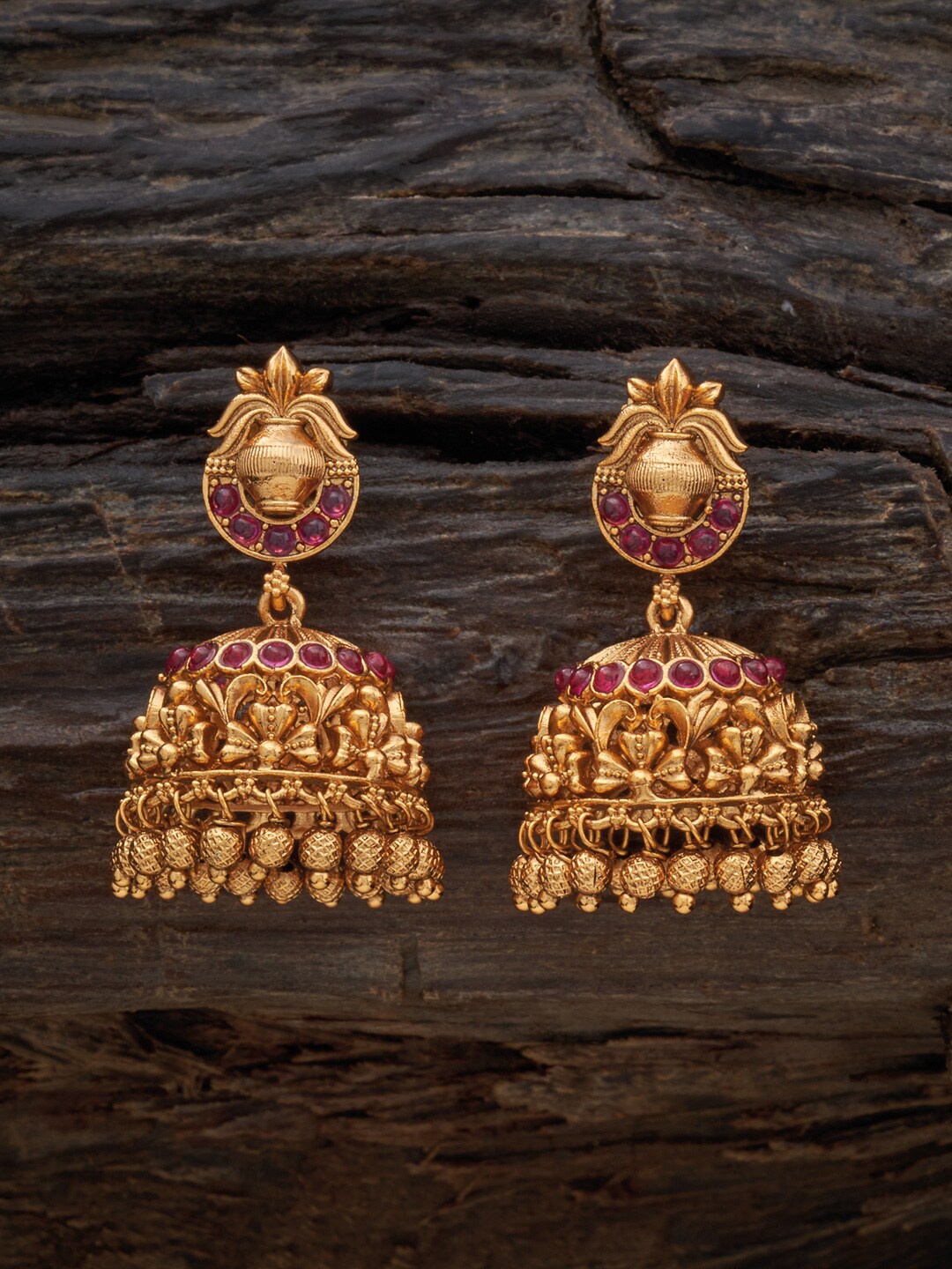 

Kushal's Fashion Jewellery Gold-Plated Contemporary Jhumkas Earrings, Red