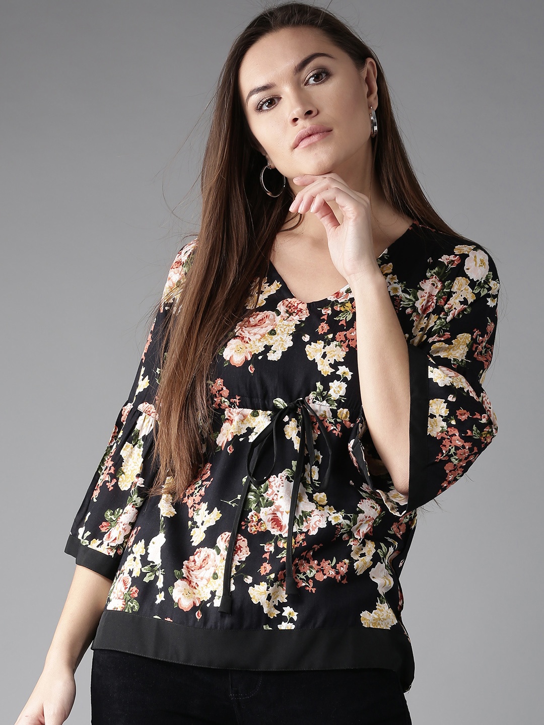 

HERE&NOW Women Black & Off-White Floral Print Top