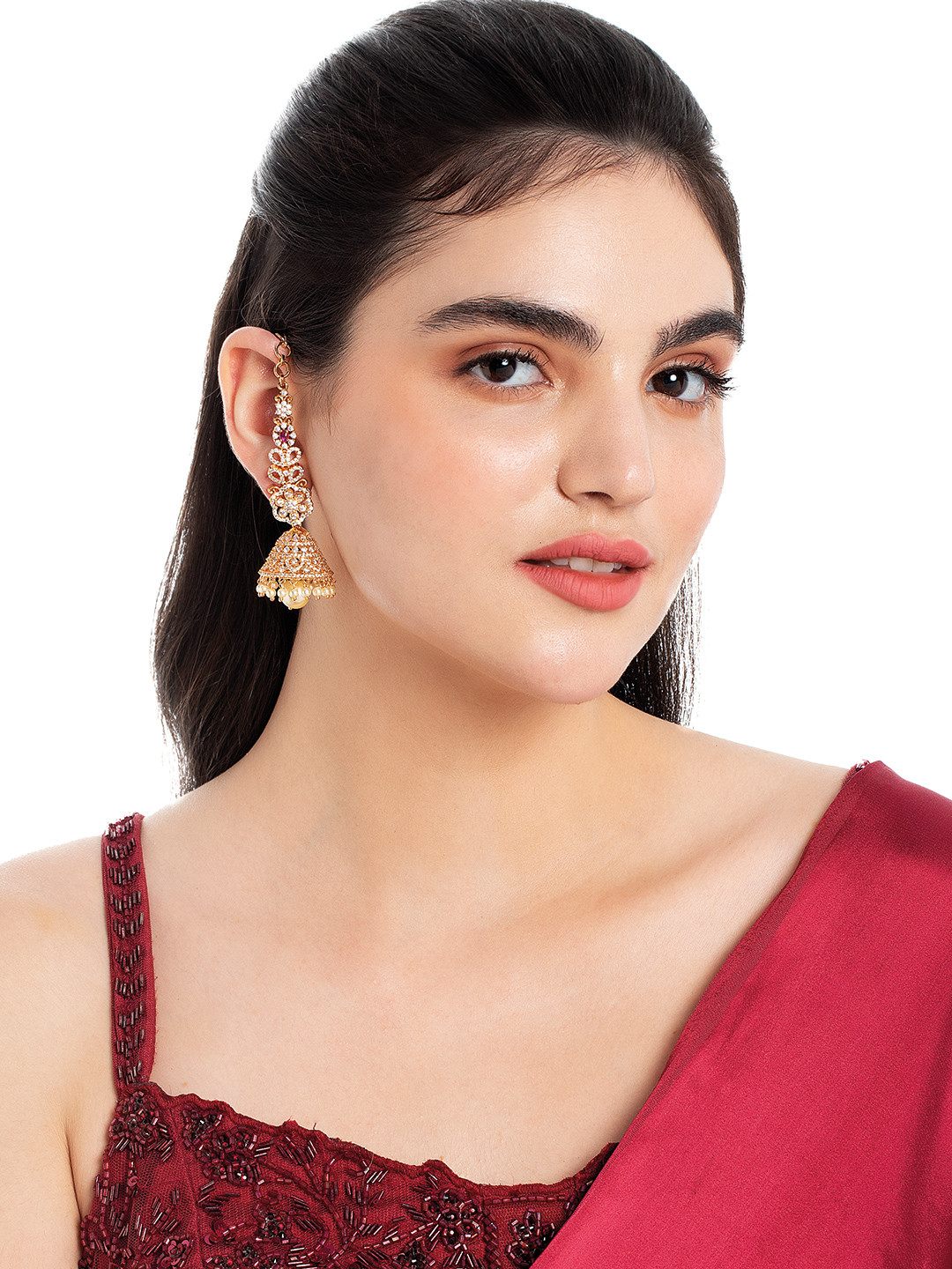 

Kushal's Fashion Jewellery Gold-Plated Cubic Zirconia Jhumkas With Chain Earrings, Red