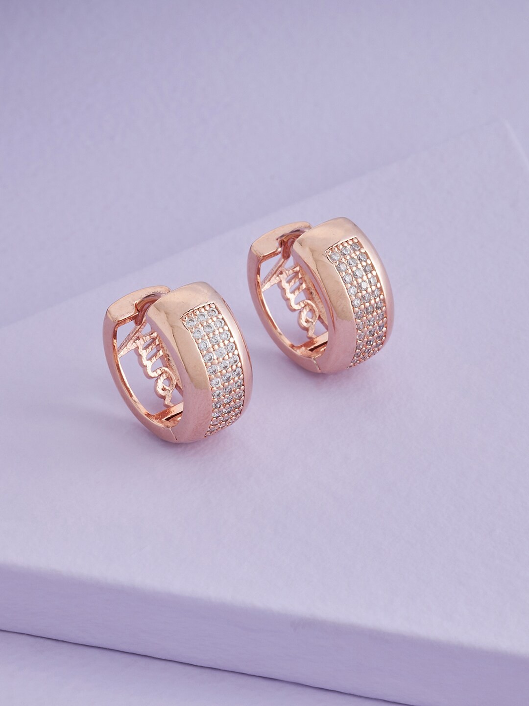 

Kushal's Fashion Jewellery Rose Gold Plated Circular CZ Studded Hoop Earrings, White