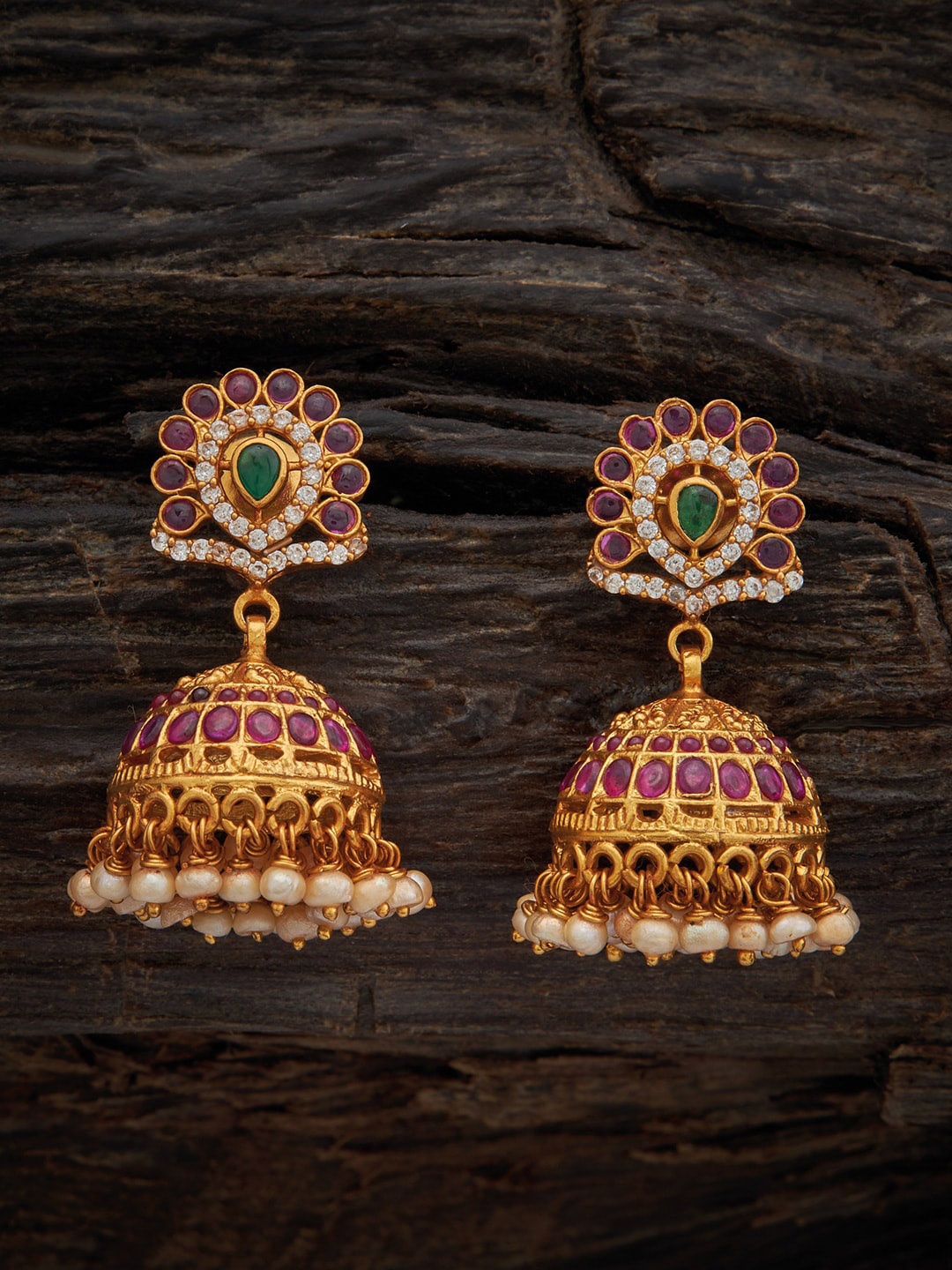 

Kushal's Fashion Jewellery 92.5 Pure Silver Gold Plated Temple CZ Studded Jhumkas Earrings, Red