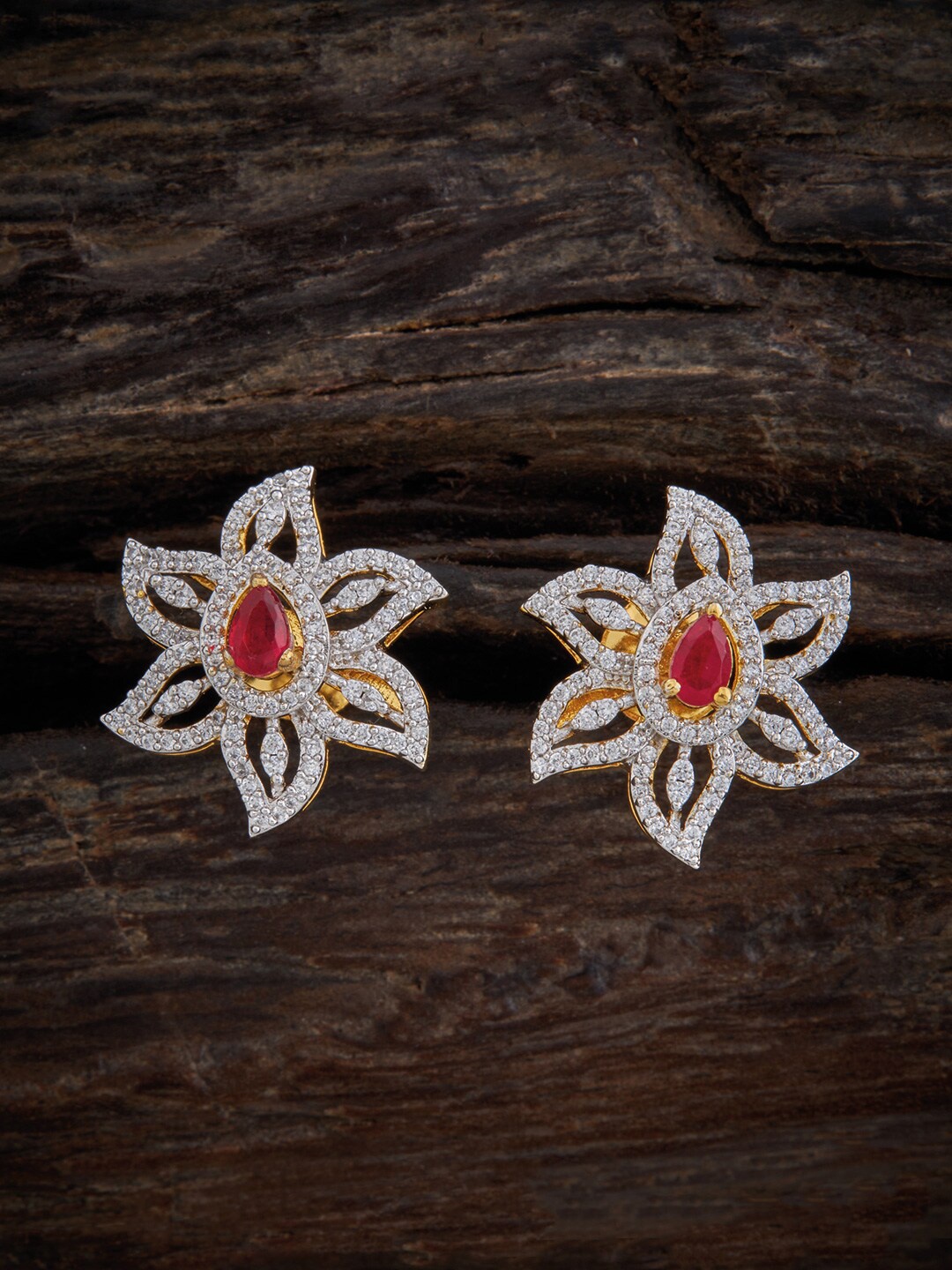 

Kushal's Fashion Jewellery Gold-Plated Floral Cubic Zirconia Pure Silver Studs Earrings, Red