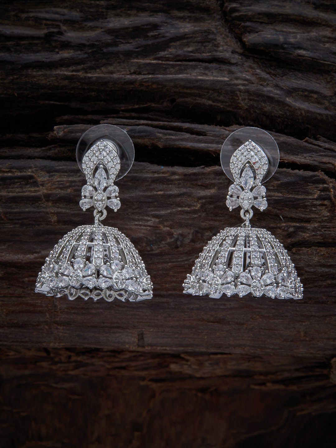 

Kushal's Fashion Jewellery Rhodium Plated Cubic Zirconia Dome Shaped Jhumkas, White