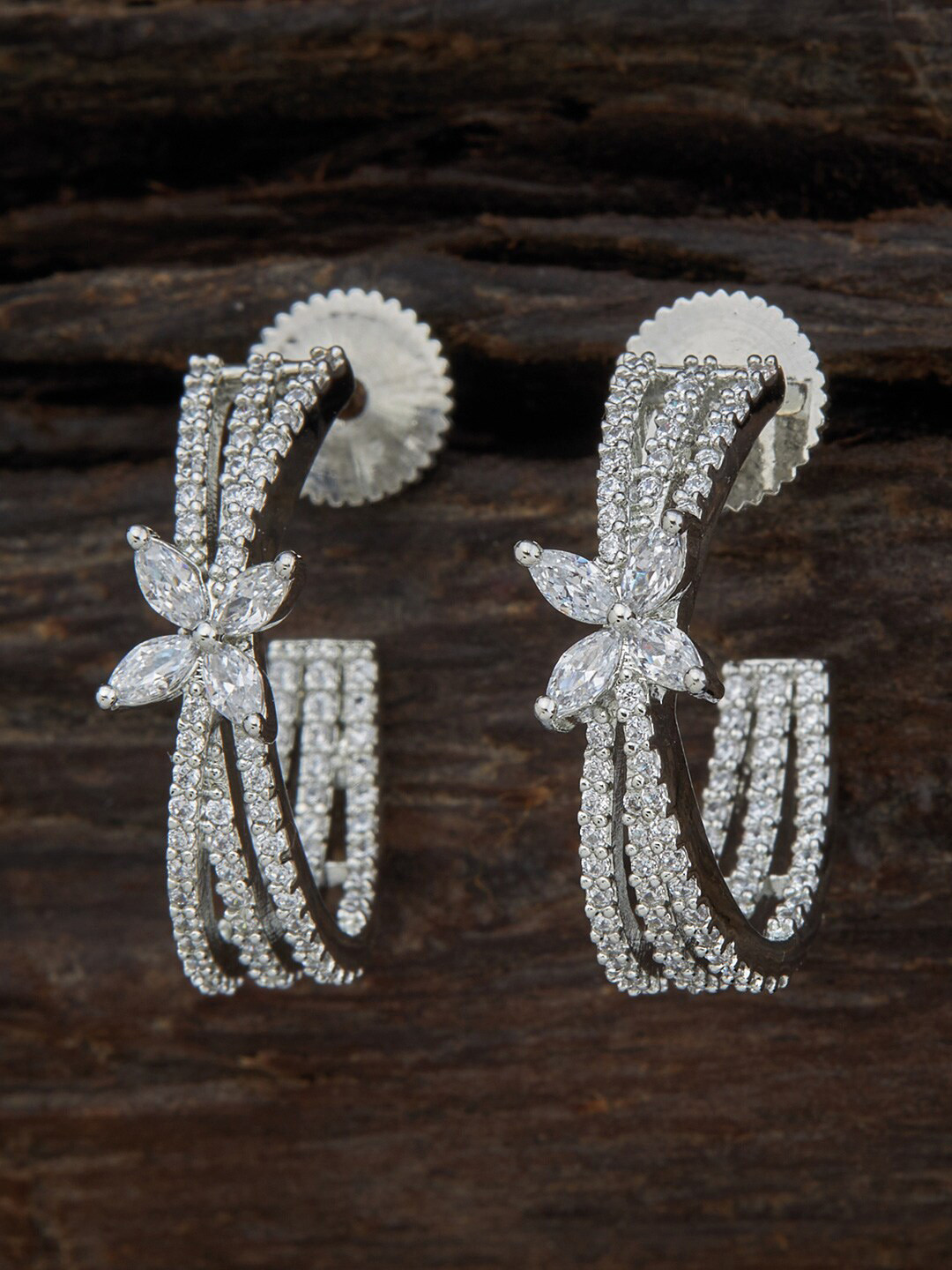 

Kushal's Fashion Jewellery Rhodium Plated Cubic Zirconia Floral Half Hoop Earrings, White
