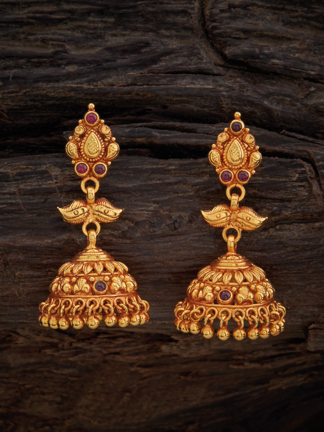 

Kushal's Fashion Jewellery 92.5 Pure Silver Gold Plated Temple Classic Drop Earrings, Red