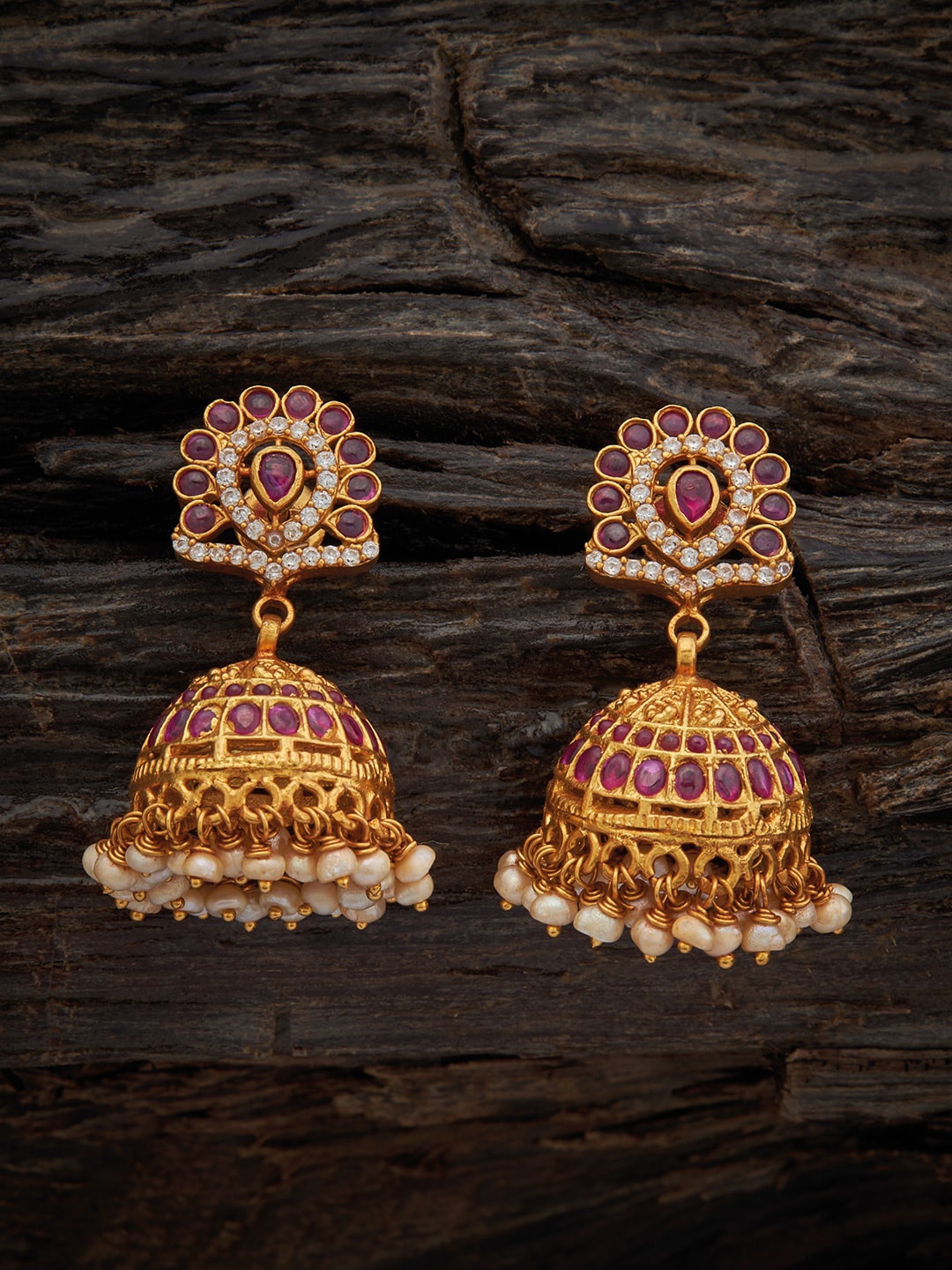 

Kushal's Fashion Jewellery Pure Silver Gold Plated Contemporary Jhumkas, Red