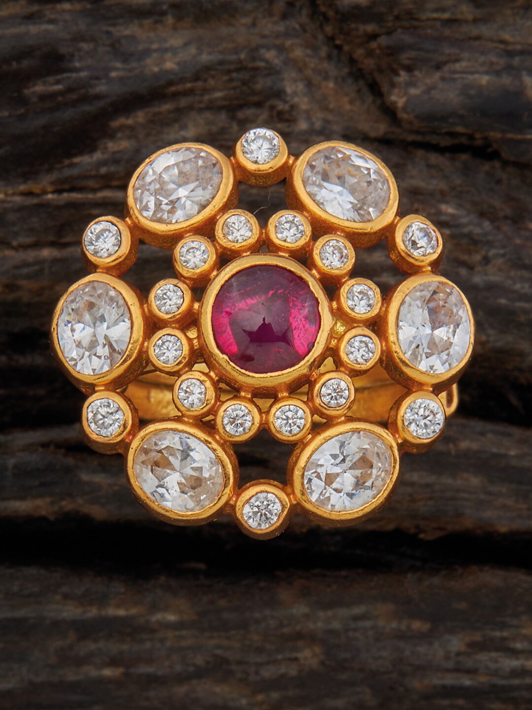 

Kushal's Fashion Jewellery 92.5 Pure Silver Ruby & Cubic Zirconia Stone-Studded Adjustable Temple Finger Ring, Gold