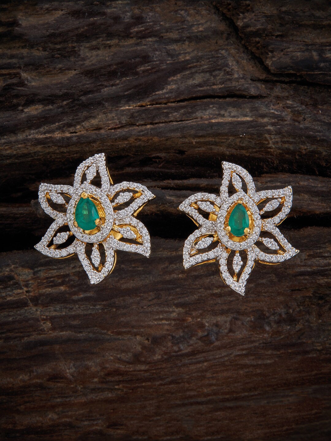 

Kushal's Fashion Jewellery 92.5 Pure Silver Gold-Plated Floral Studs Earrings, Green