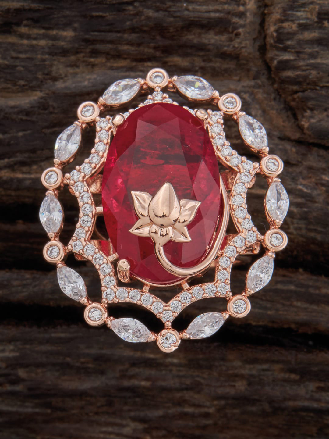

Kushal's Fashion Jewellery Rose-Gold Plated Ruby & Cubic Zirconia Stone-Studded Adjustable Finger Ring
