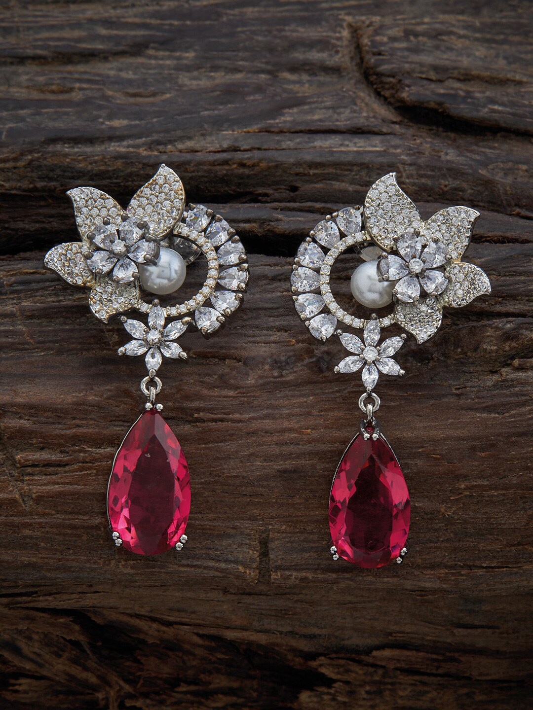 

Kushal's Fashion Jewellery Red Contemporary Rhodium-Plated Drop Earrings