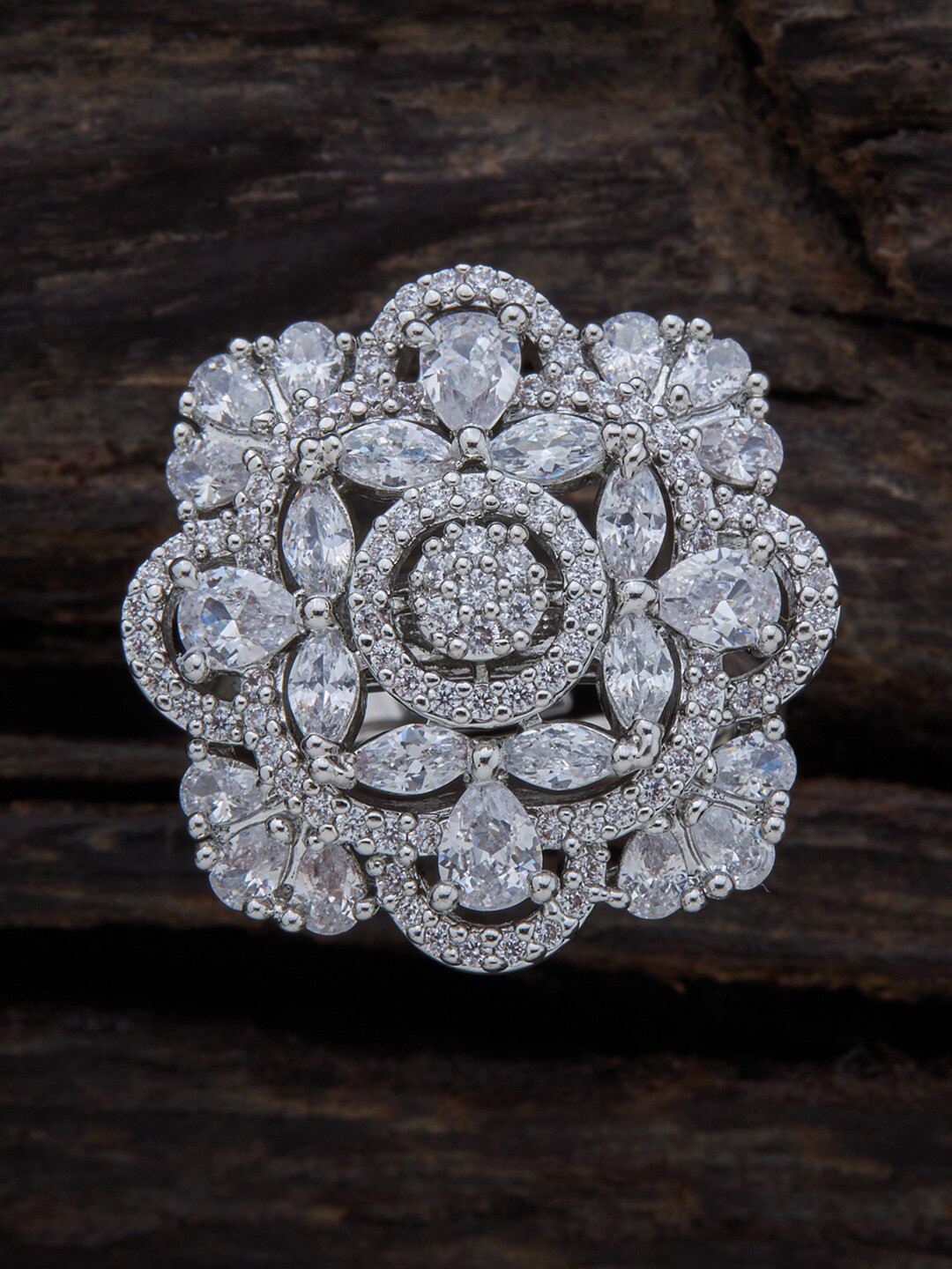 

Kushal's Fashion Jewellery Rhodium-Plated CZ-Studded Adjustable Finger Ring, Silver