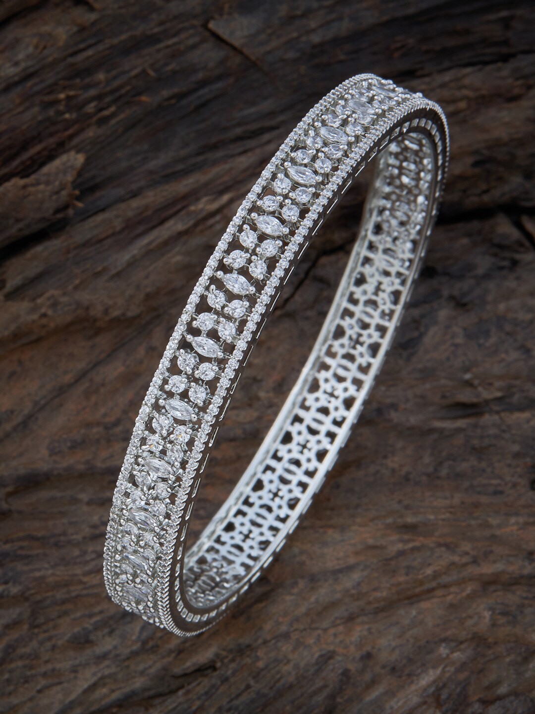 

Kushal's Fashion Jewellery Rhodium-Plated Stone-Studded Bangle, White
