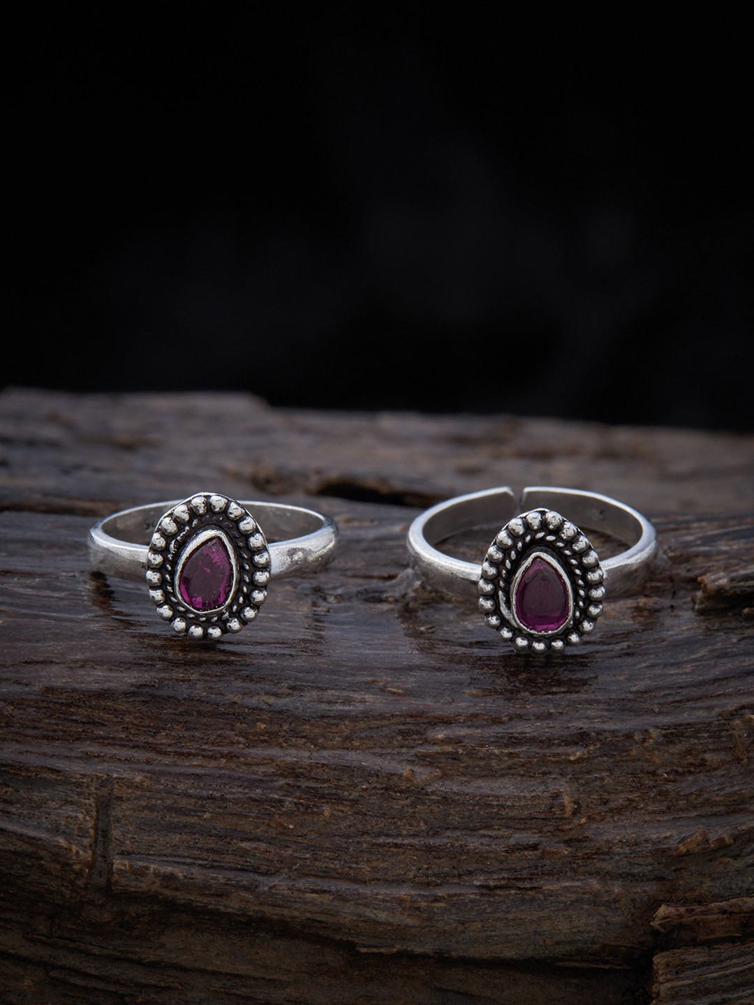 

Kushal's Fashion Jewellery Set Of 2 Oxidised Rhodium-Plated Stone Studdedd Toe Ring, Silver