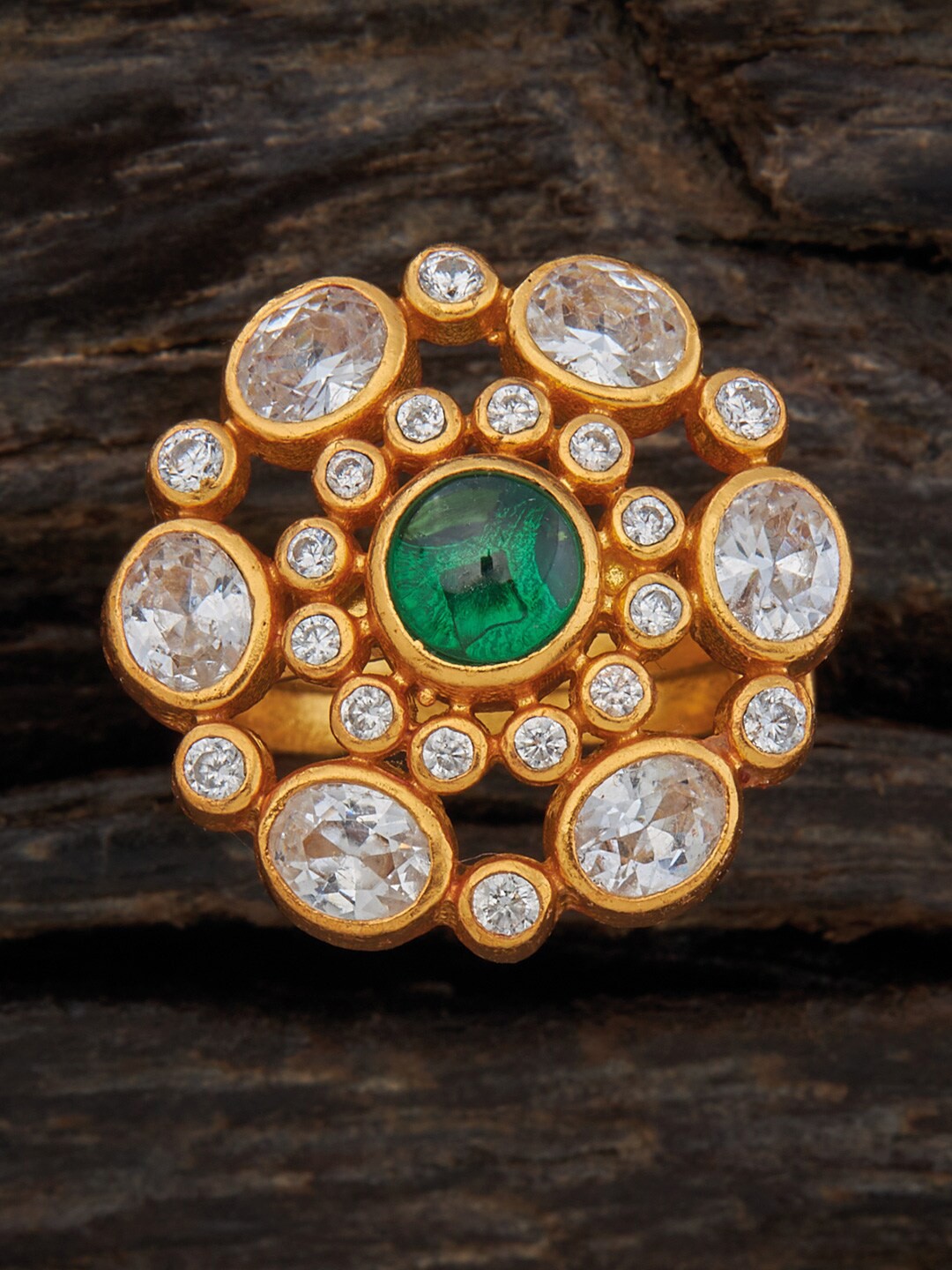 

Kushal's Fashion Jewellery 92.5 Pure Silver Cubic Zirconia-Studded Temple Finger Ring, Gold