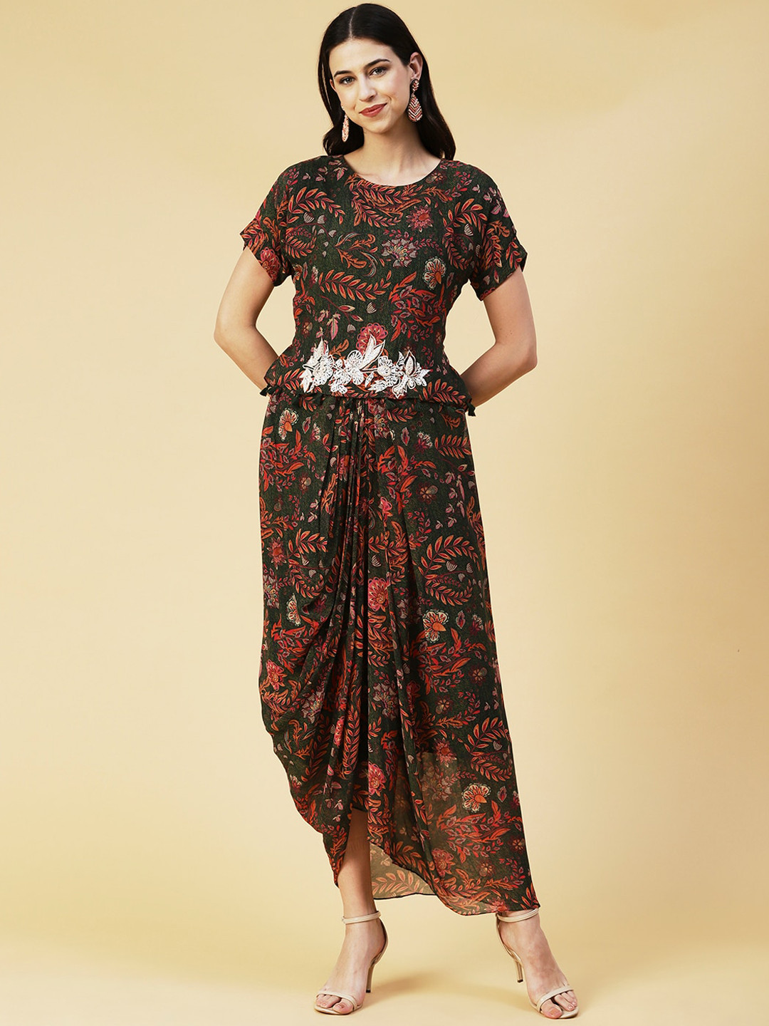 

Envy Me by FASHOR Floral Printed Top & Draped Style Skirt, Green
