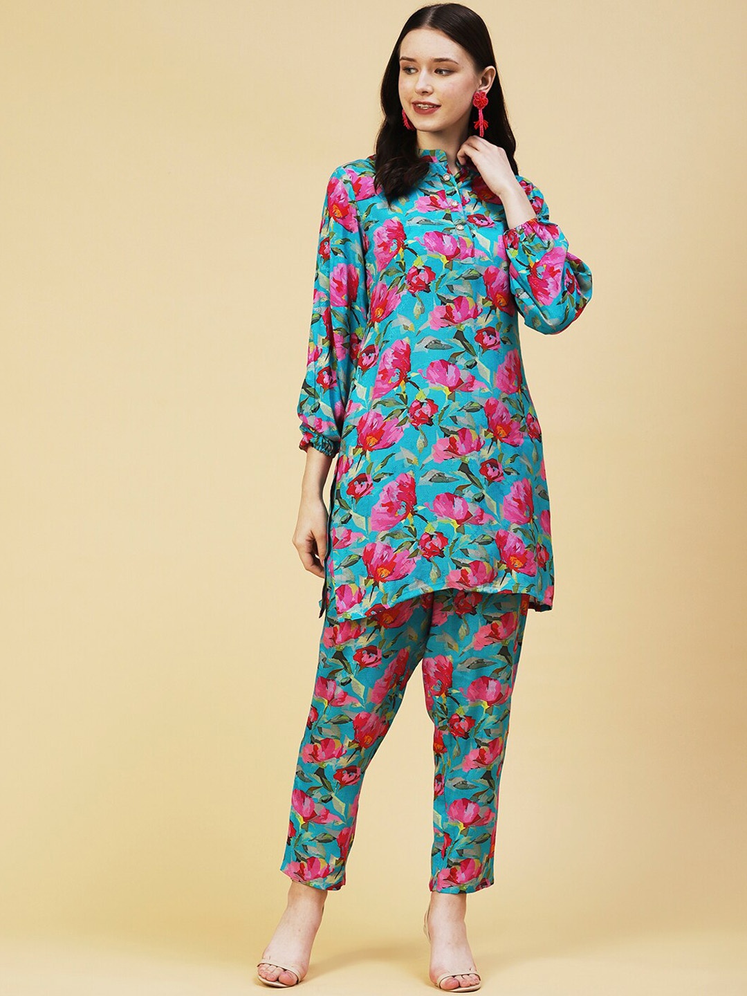 

Envy Me by FASHOR Floral Printed Band Collar Kurta with Trousers, Turquoise blue