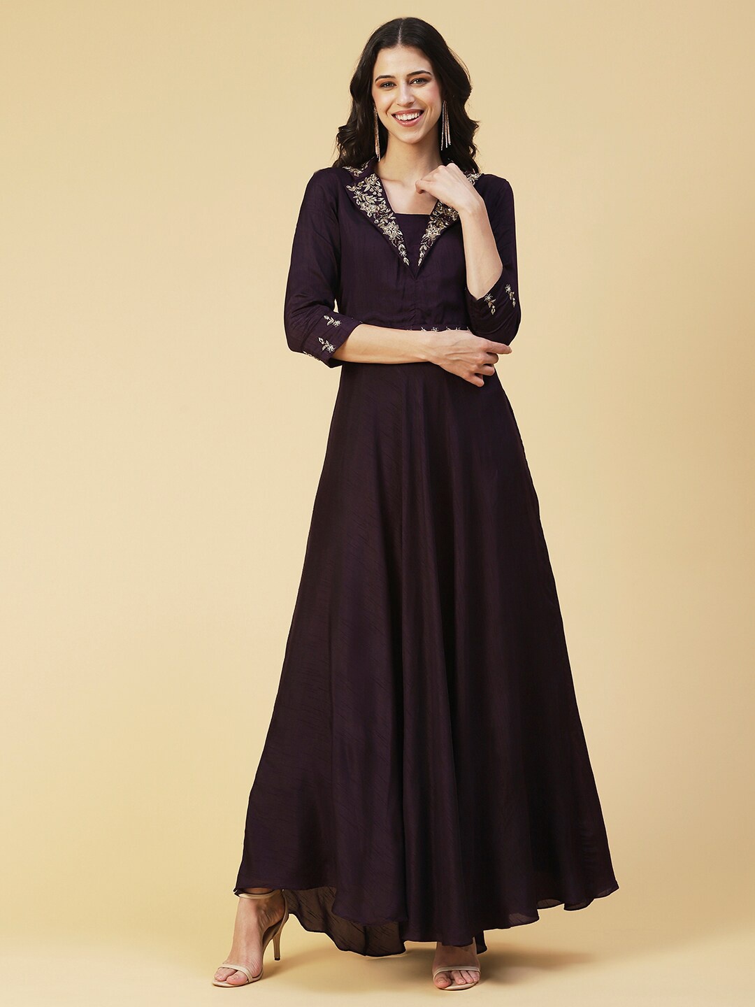 

Envy Me by FASHOR Floral Embroidered Silk Fit & Flare Maxi Dress, Violet