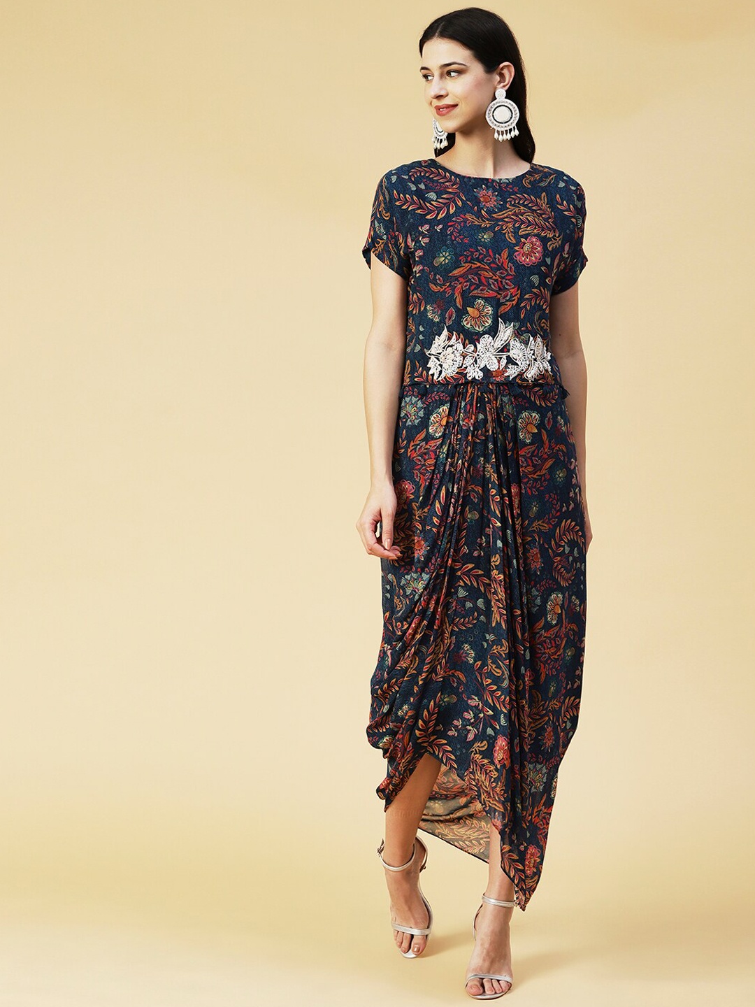 

Envy Me by FASHOR Women Printed V-neck Top & Skirt Co-Ords, Teal