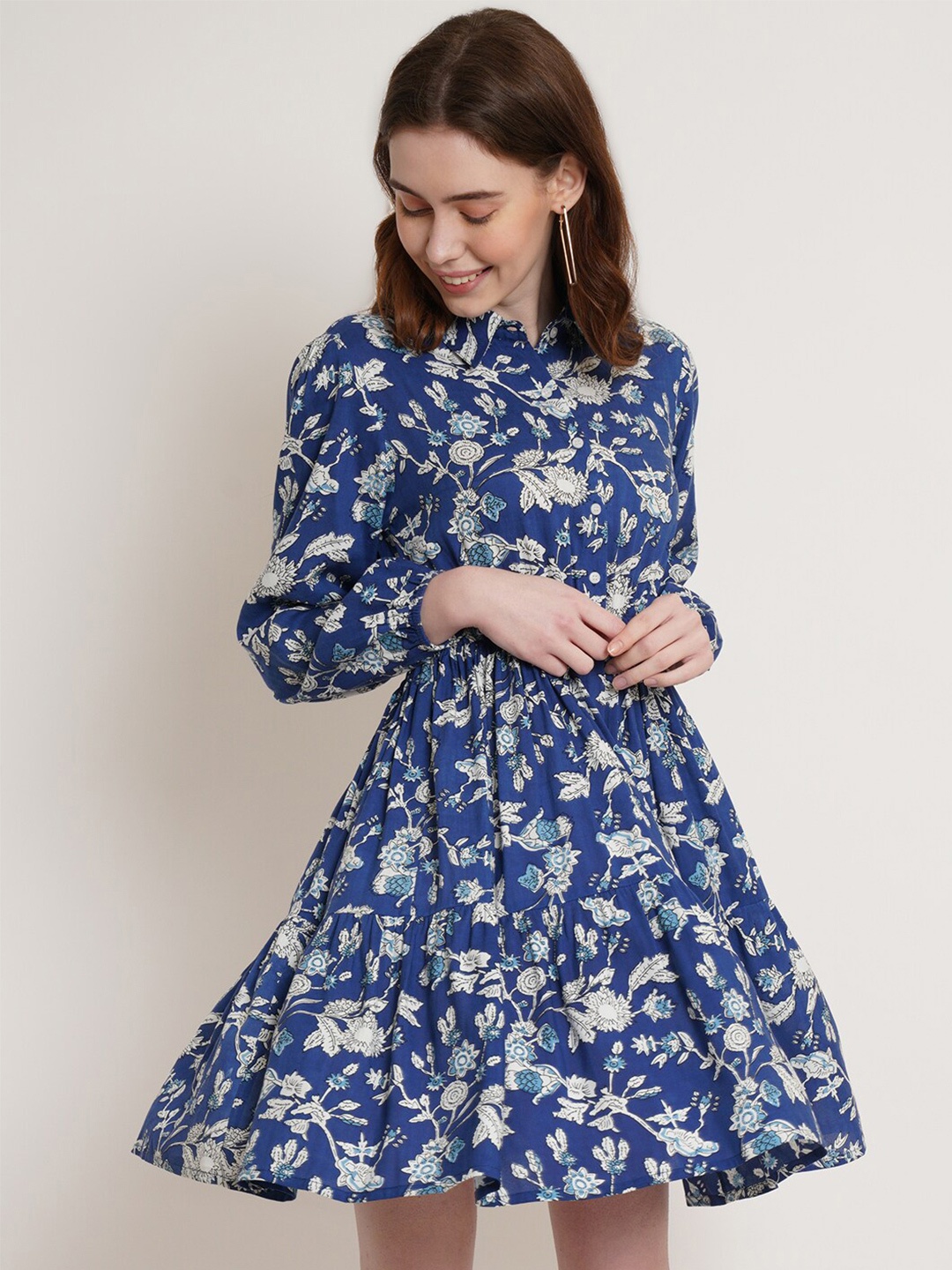 

Hive91 Shirt Collar Floral Printed Dress, Blue