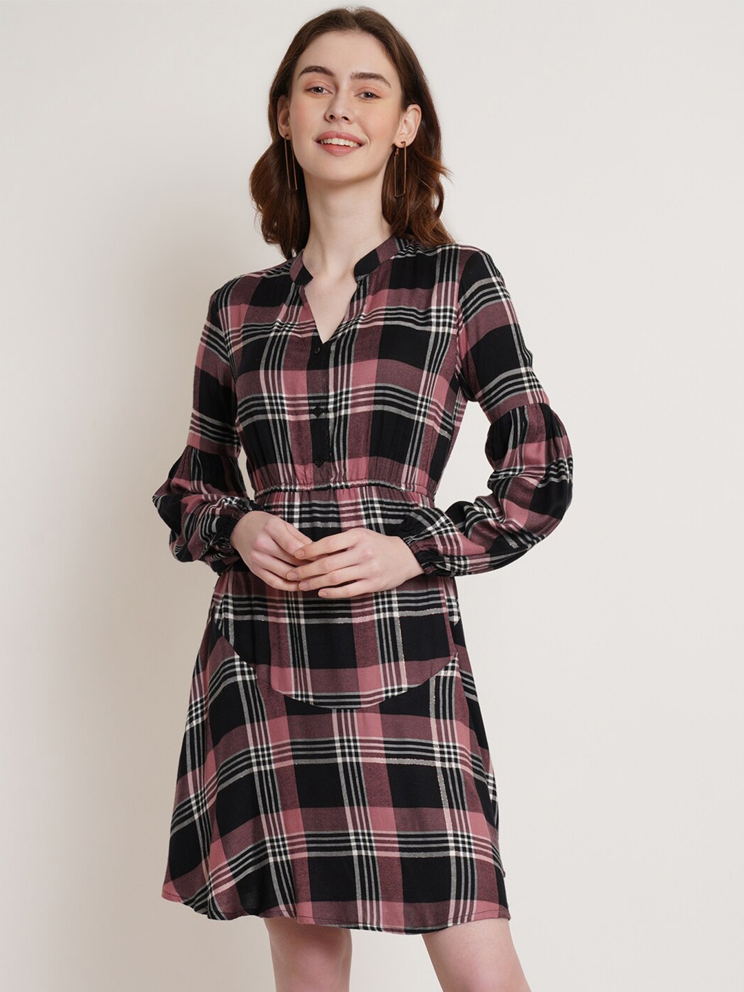 

Hive91 Mandarin Collar Checked Shirt Dress, Black