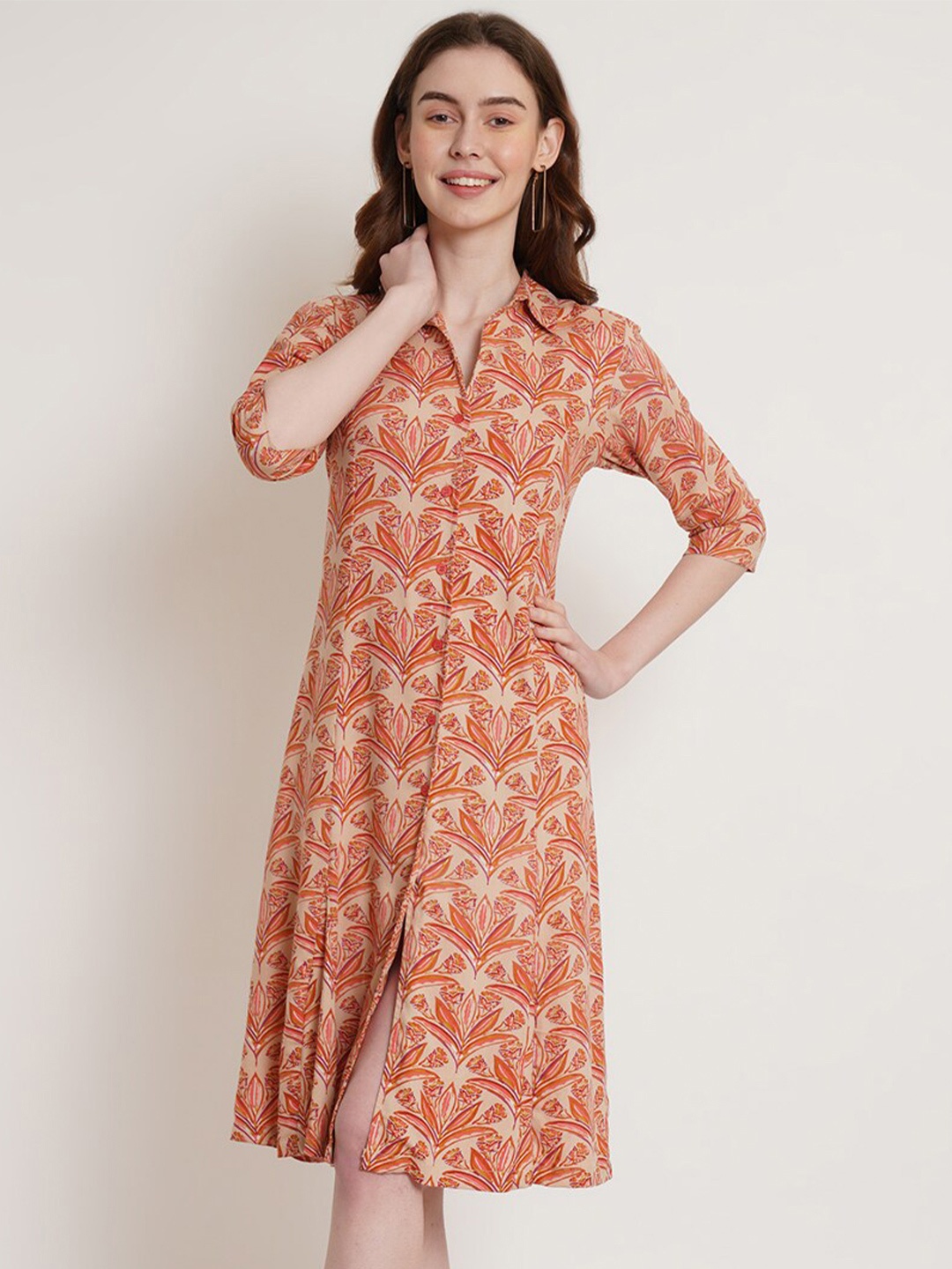 

Hive91 Shirt Collar Floral Printed Shirt Dress, Peach